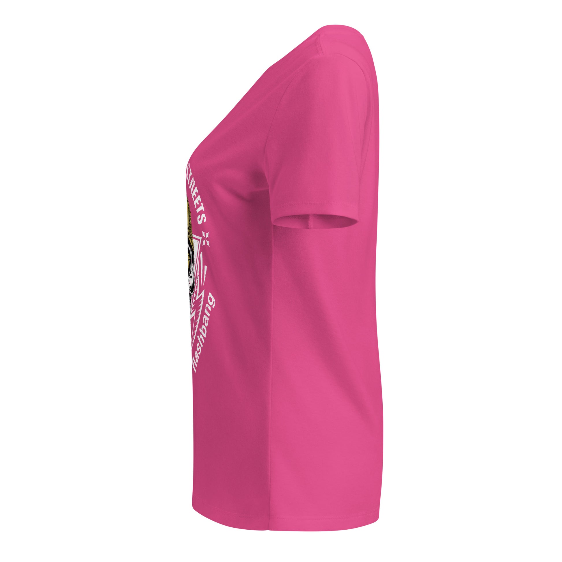 Pink t-shirt with a logo on the sleeve against a white background