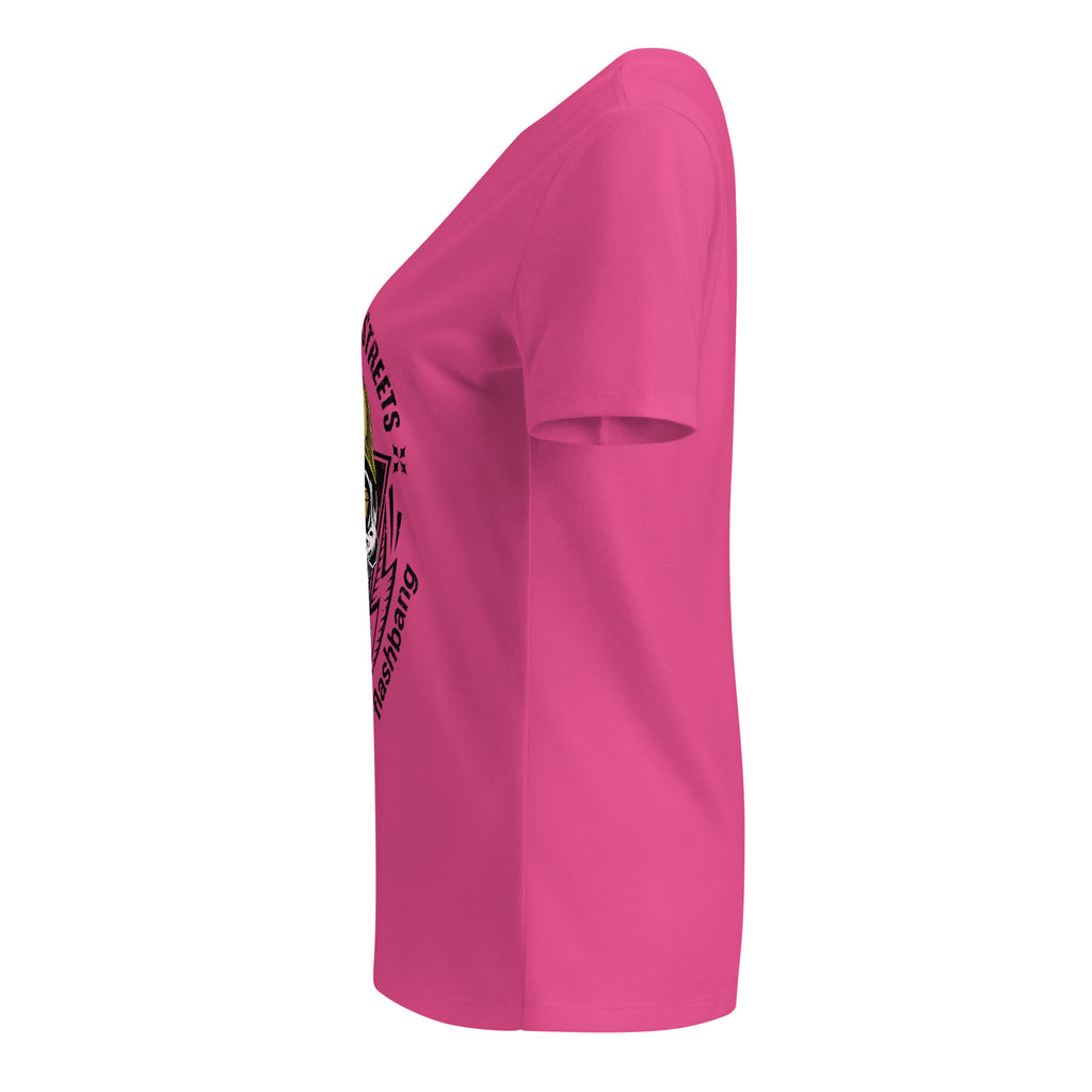 Pink t-shirt with a logo on the sleeve against a white background