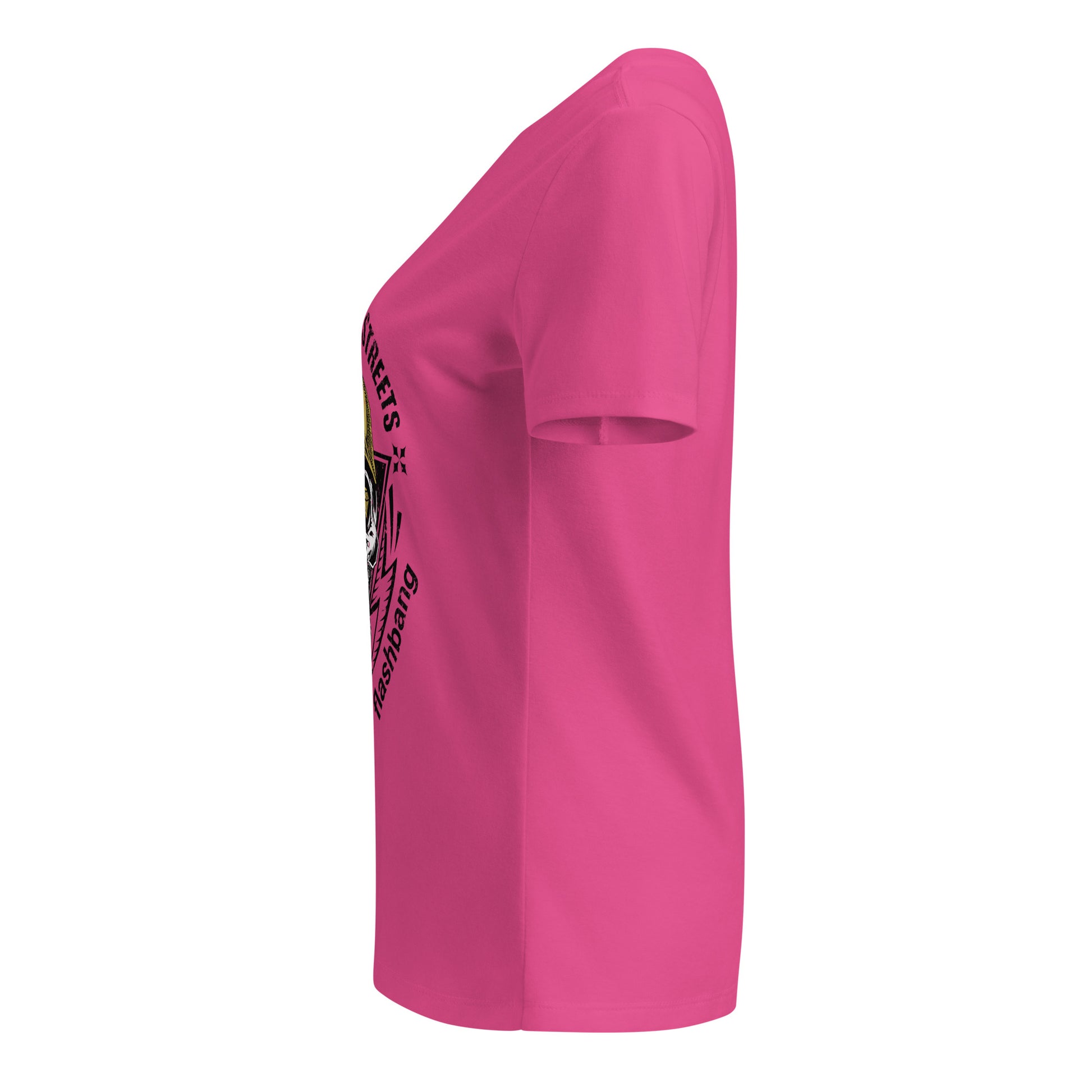Pink t-shirt with a logo on the sleeve against a white background
