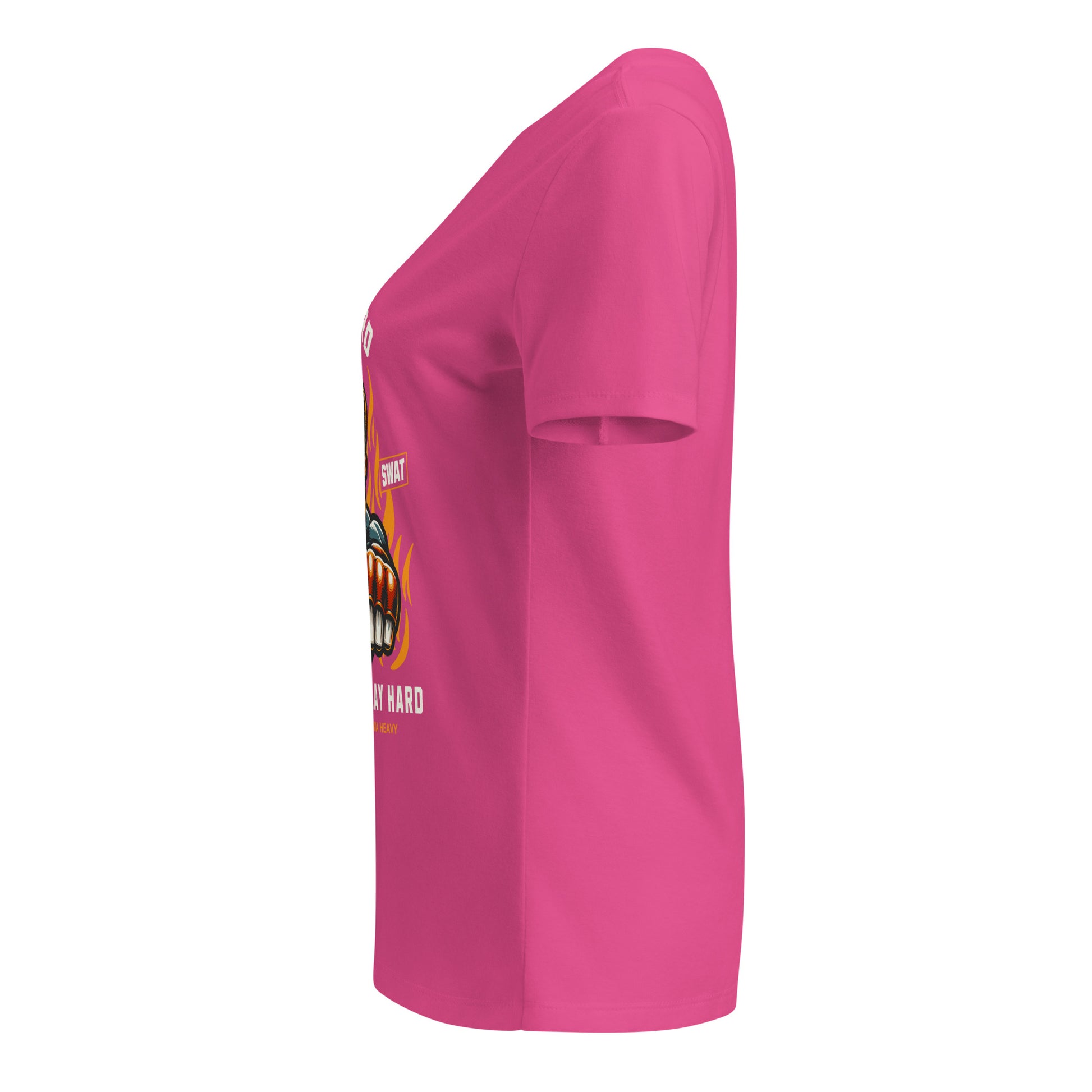 Pink t-shirt with a graphic design on the sleeve against a white background