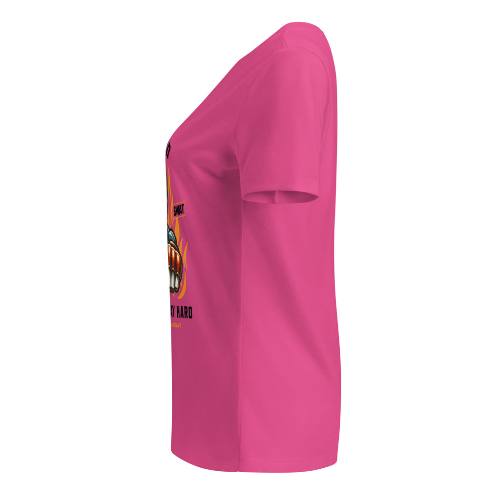 Pink t-shirt with a graphic design on the sleeve against a white background