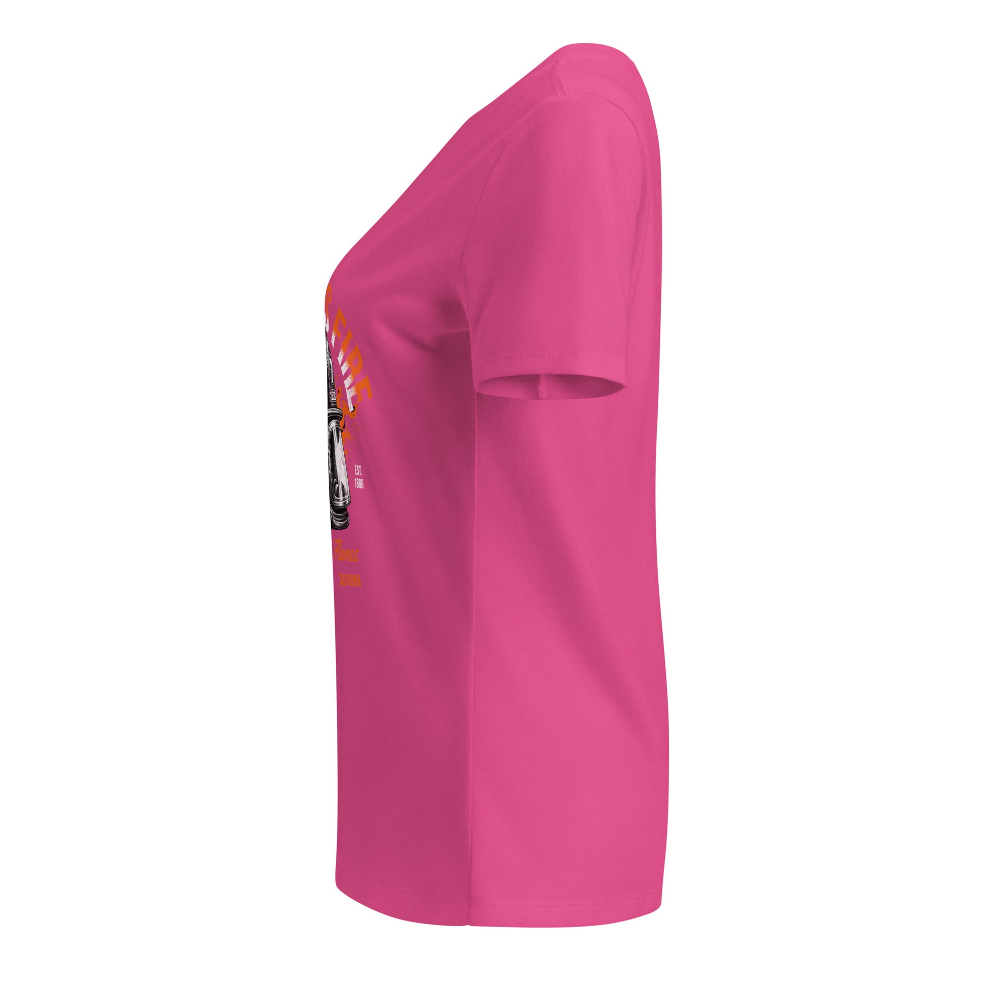 Pink t-shirt with a small graphic on the sleeve against a white background