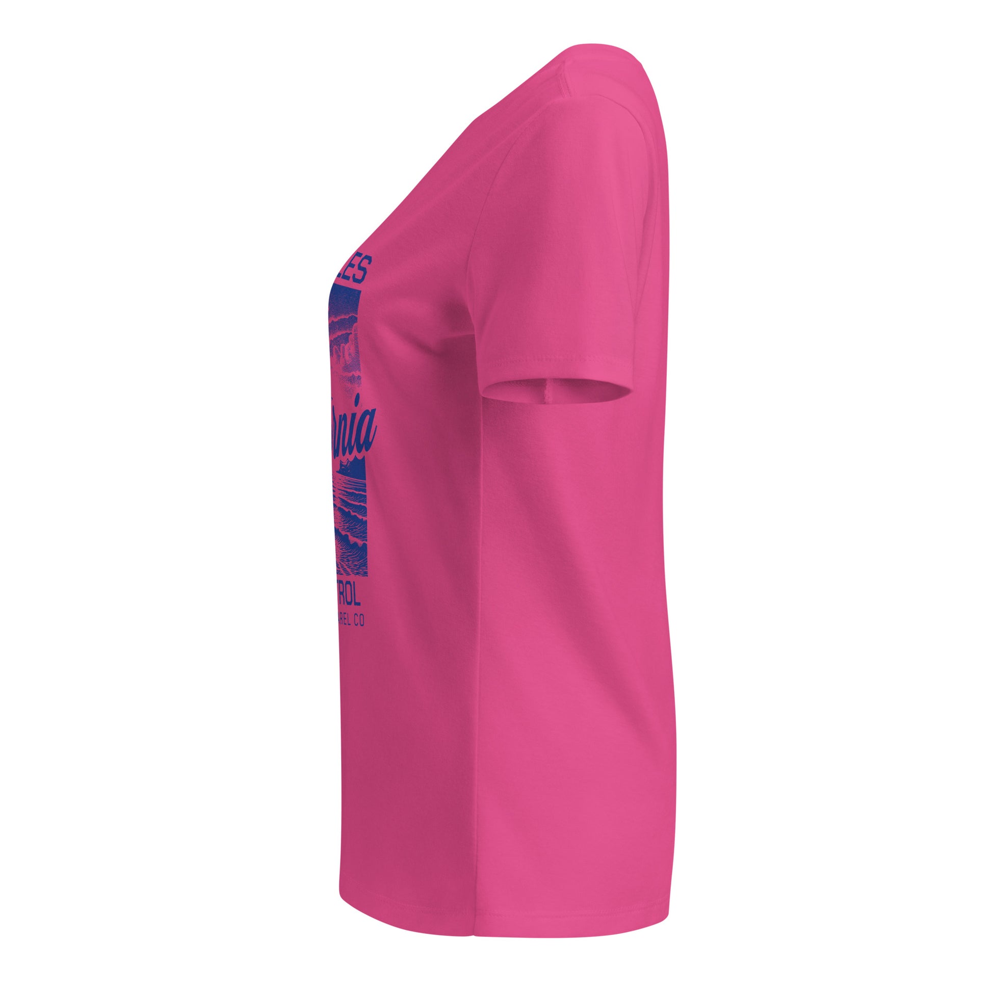 Pink t-shirt with blue text on a white background