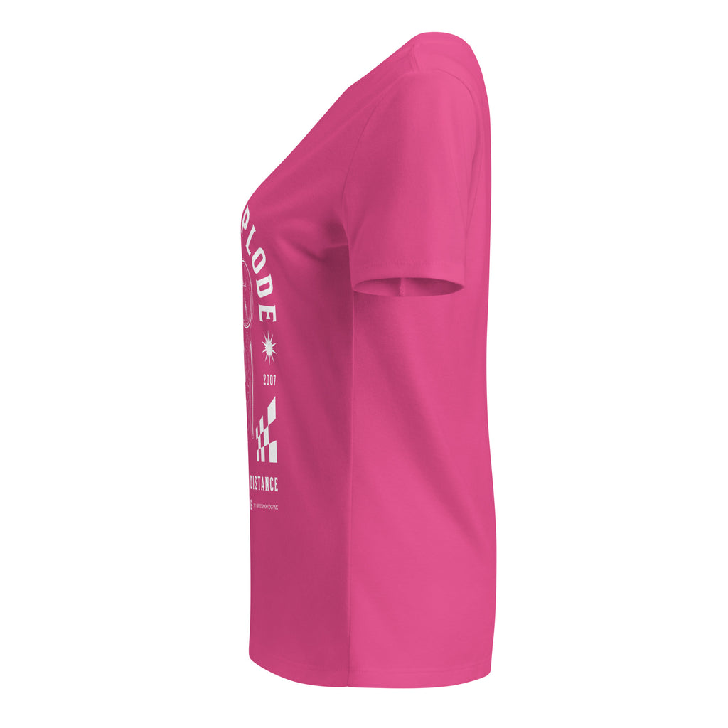 Pink t-shirt with white text and graphics on a white background