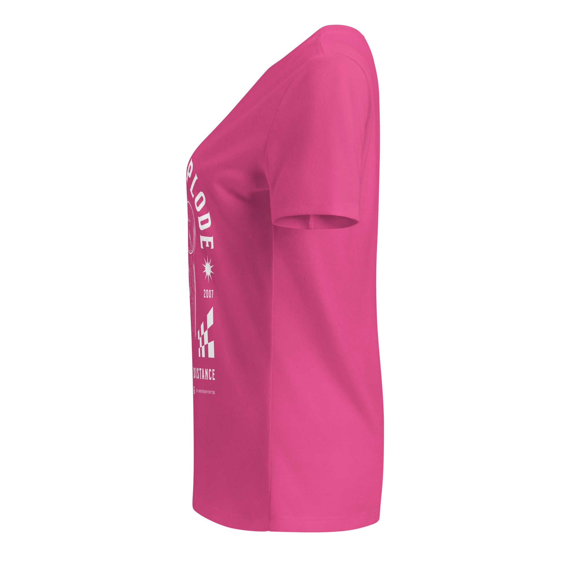 Pink t-shirt with white text and graphics on a white background