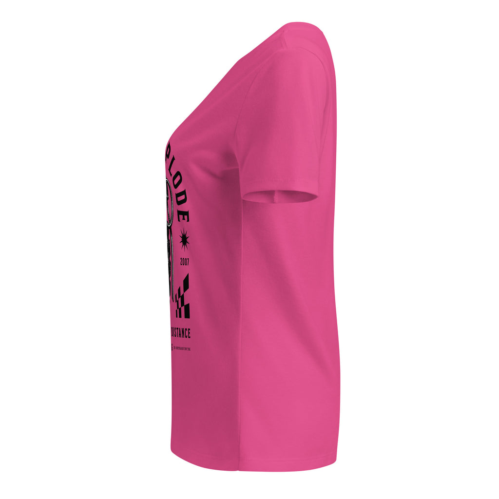Pink t-shirt with black graphic design on a white background