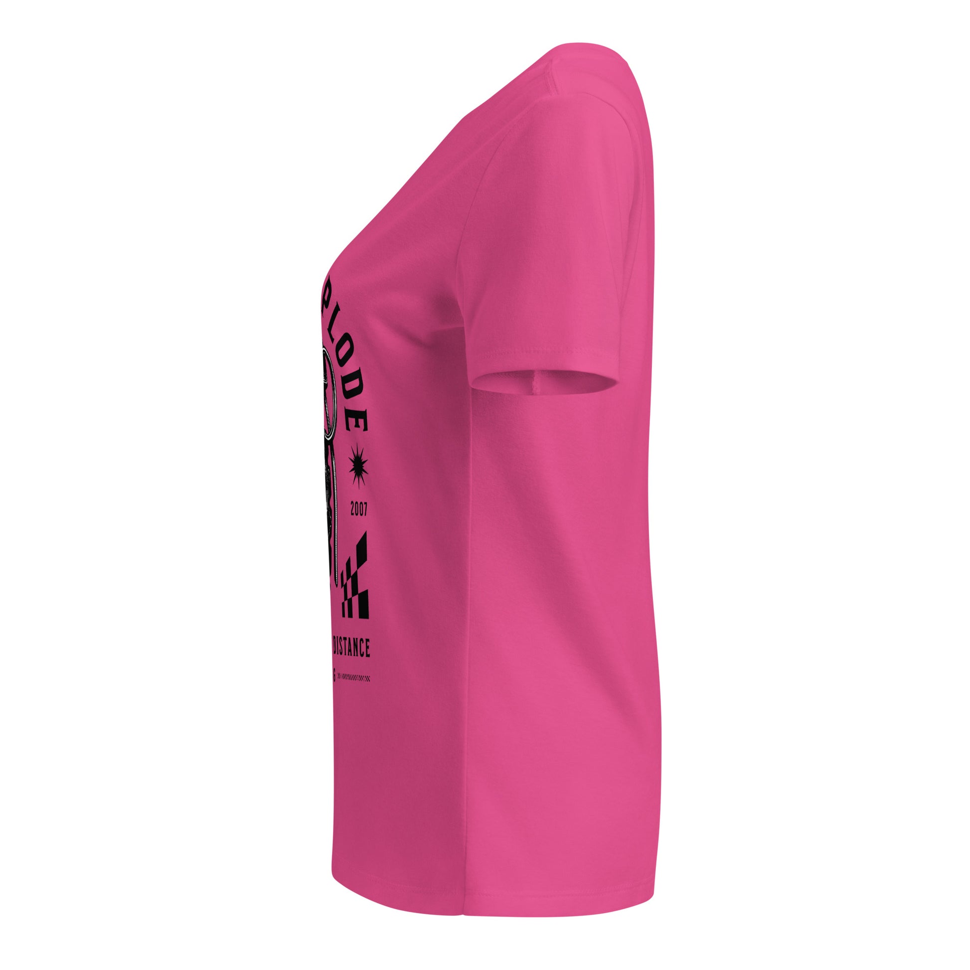 Pink t-shirt with black graphic design on a white background