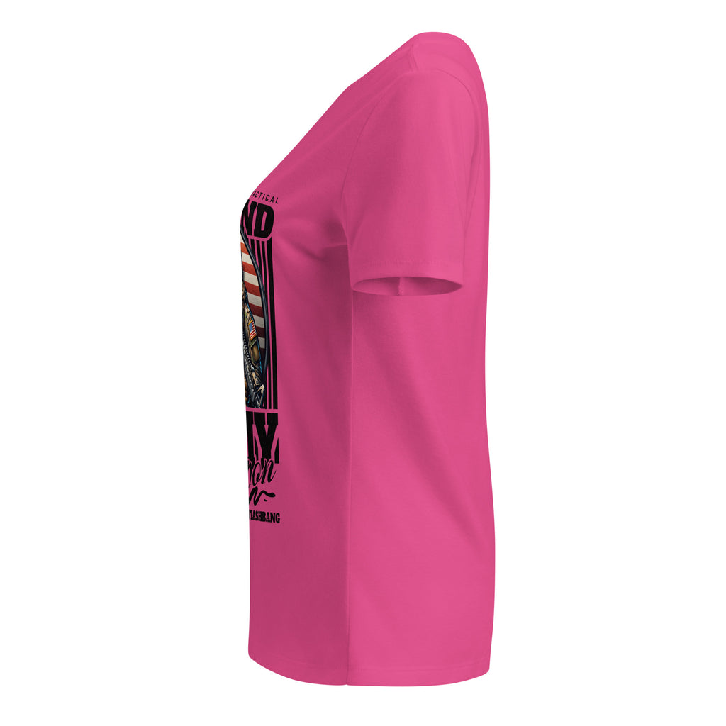 Pink t-shirt with a graphic design on the sleeve against a white background