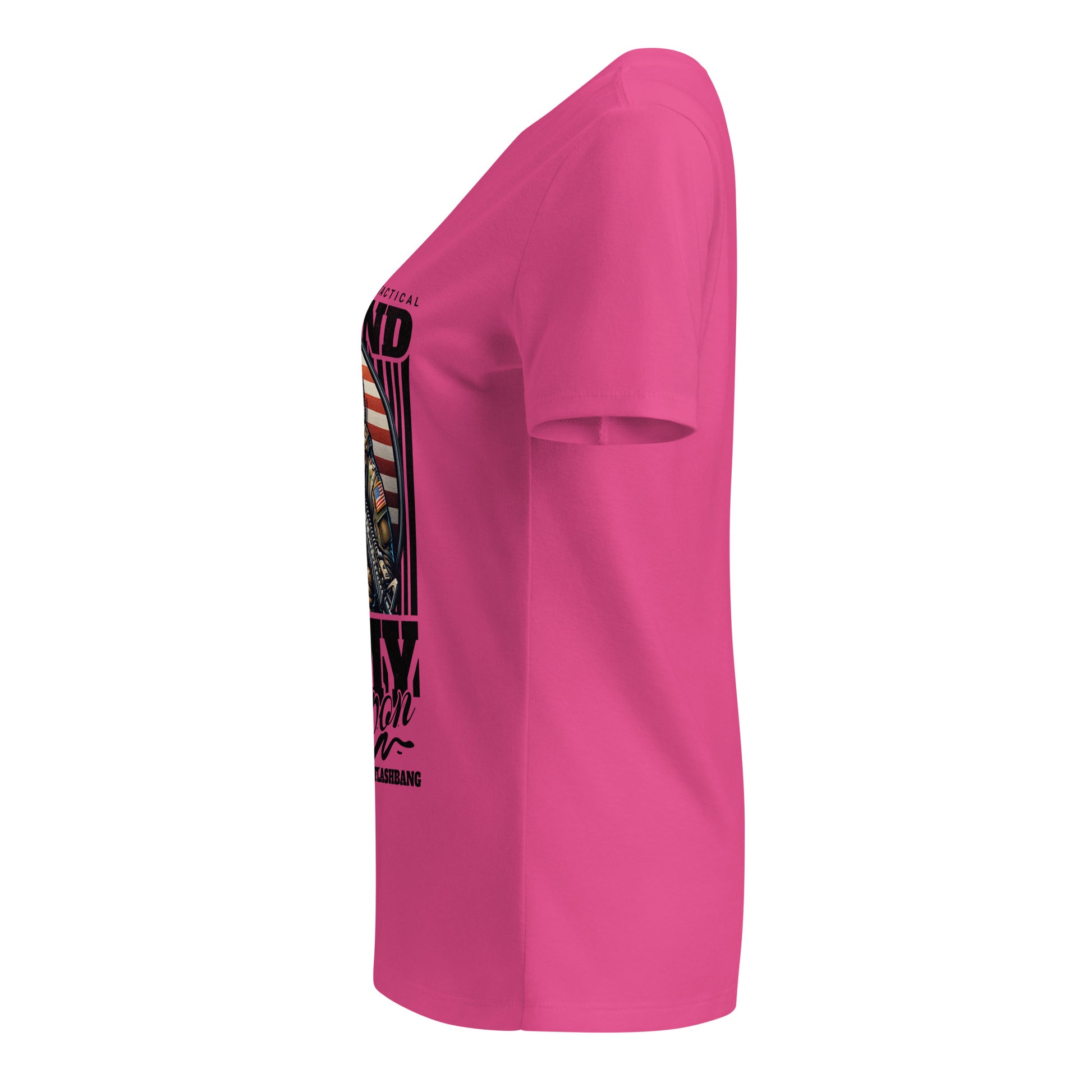 Pink t-shirt with a graphic design on the sleeve against a white background