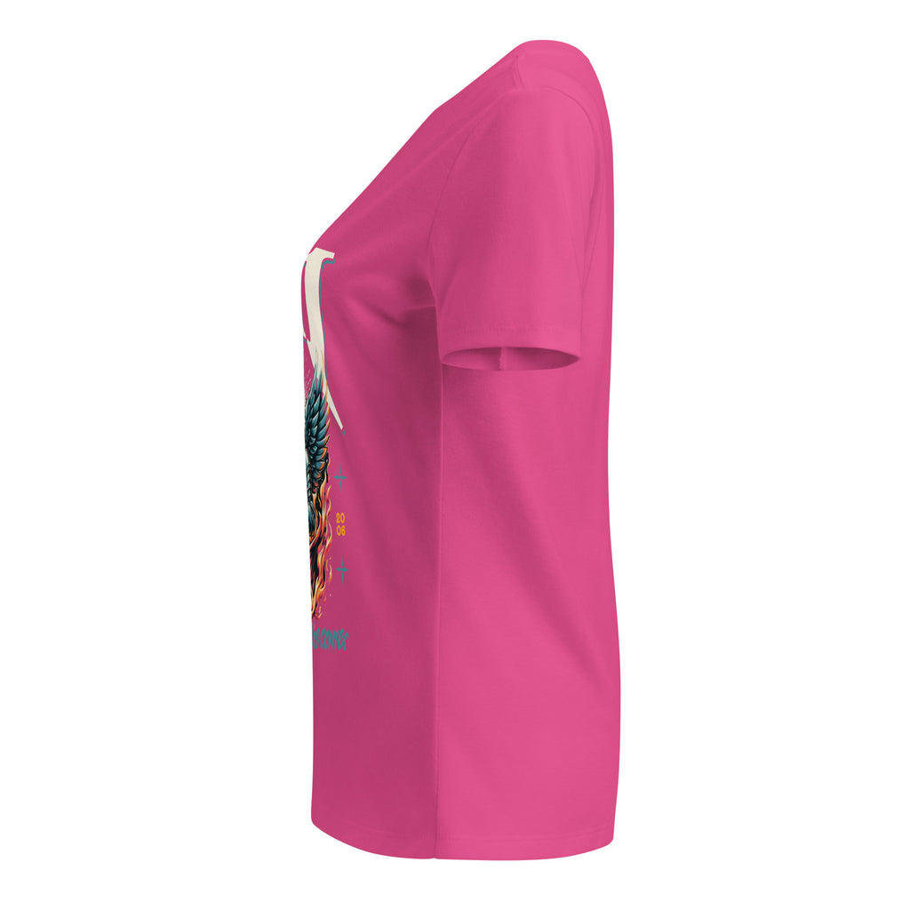 Pink t-shirt with a colorful graphic on the sleeve against a white background