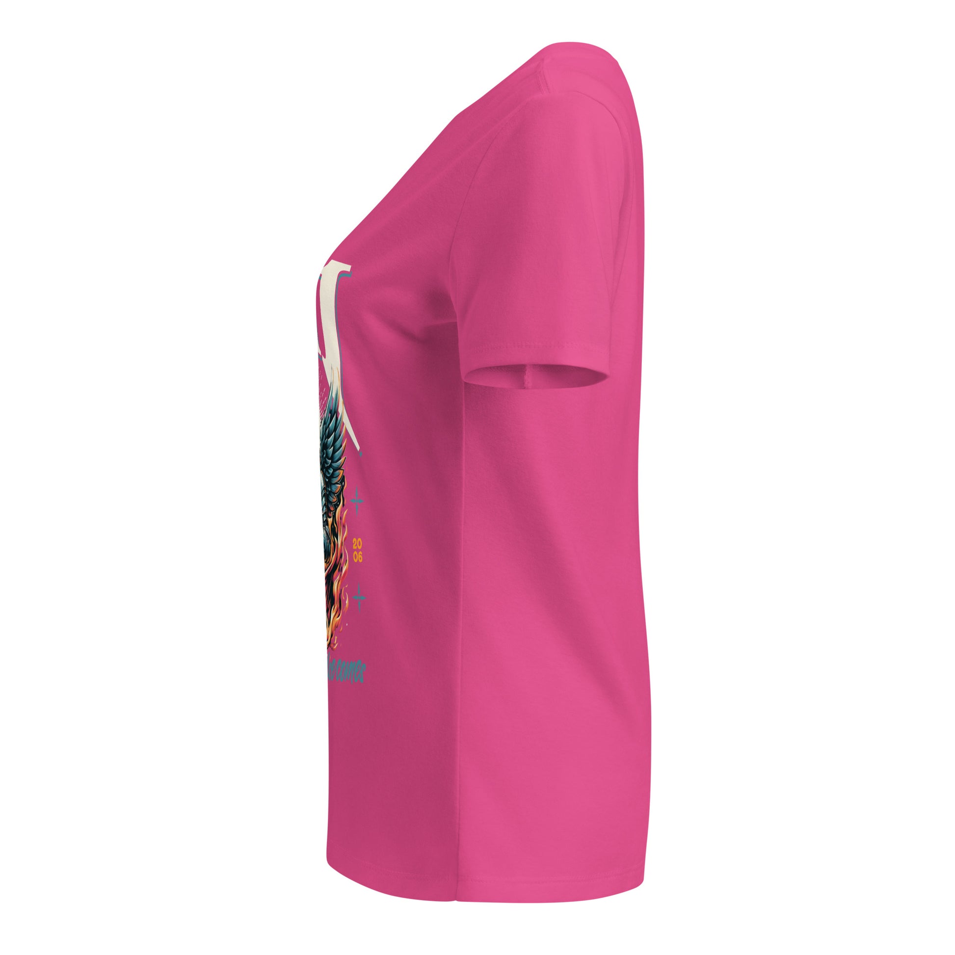 Pink t-shirt with a colorful graphic on the sleeve against a white background