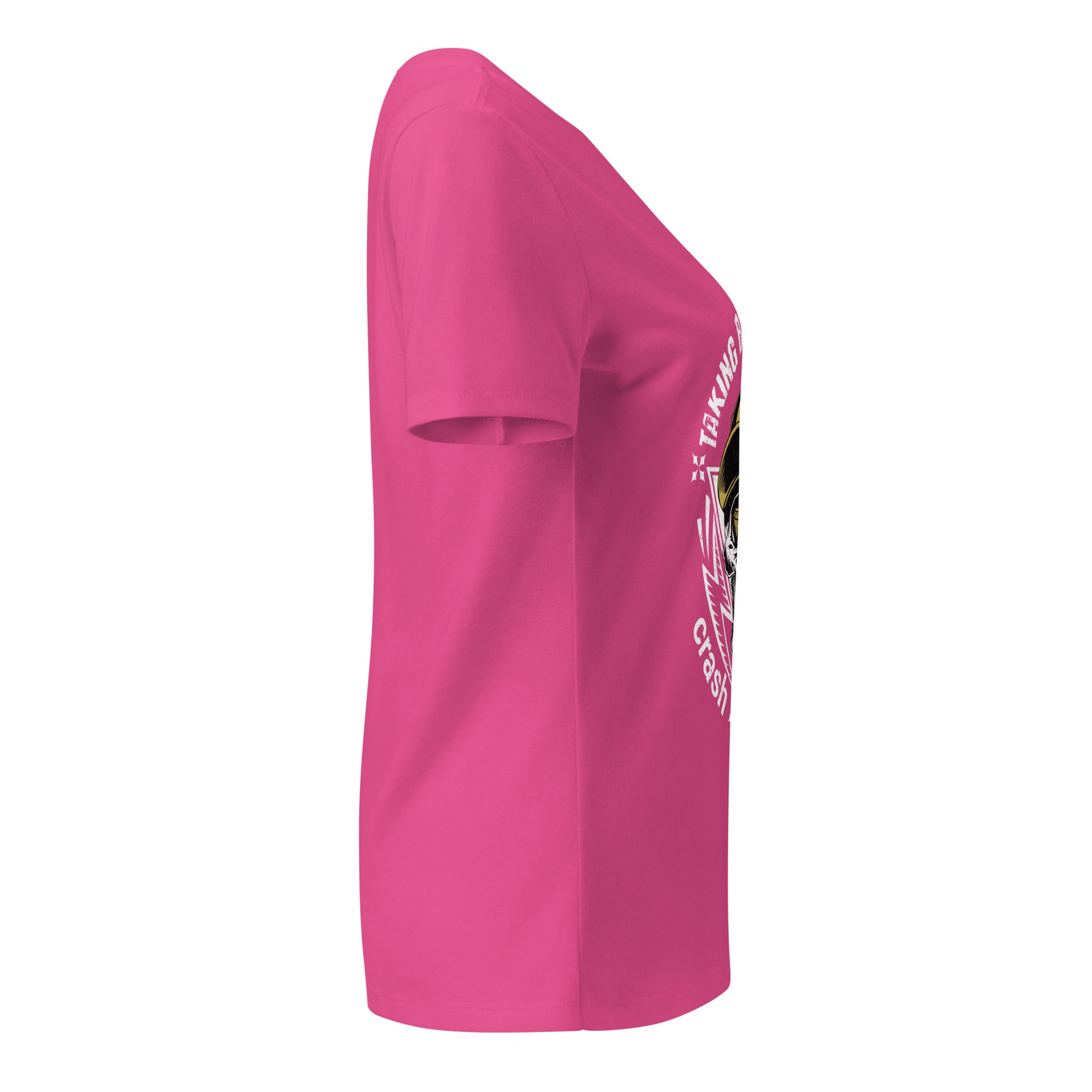 Pink t-shirt with a logo on the sleeve against a white background