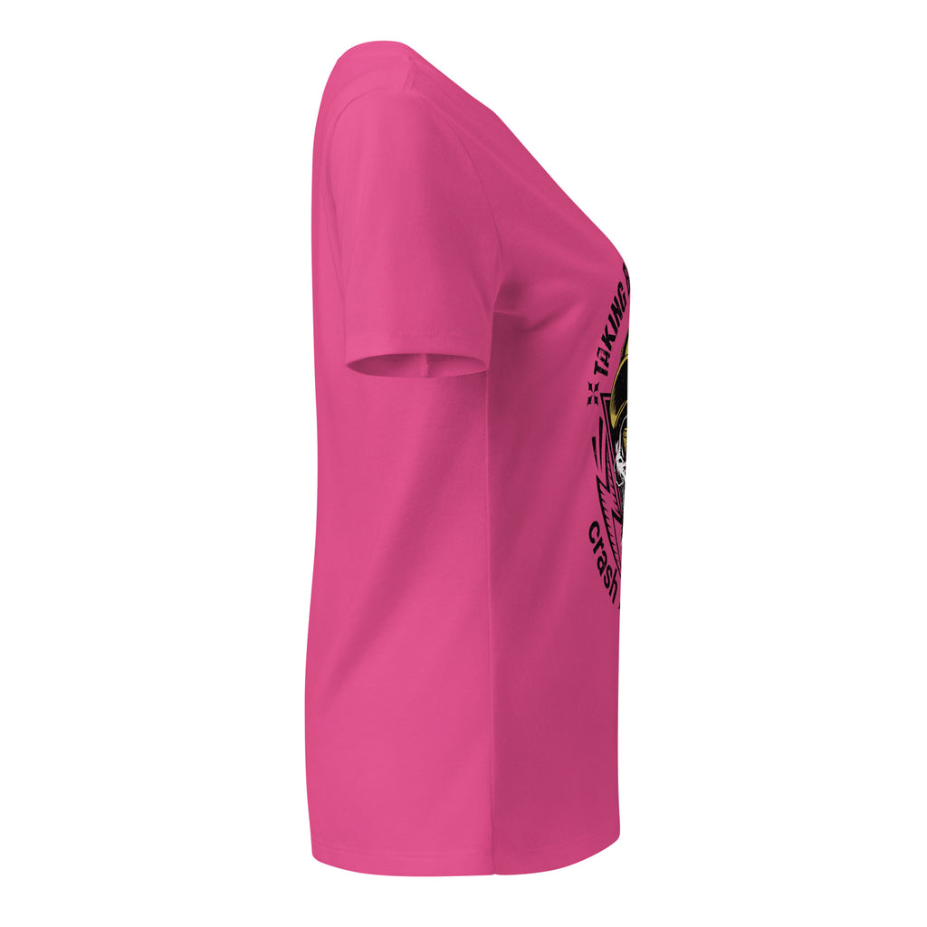 Pink t-shirt with a logo on the sleeve against a white background