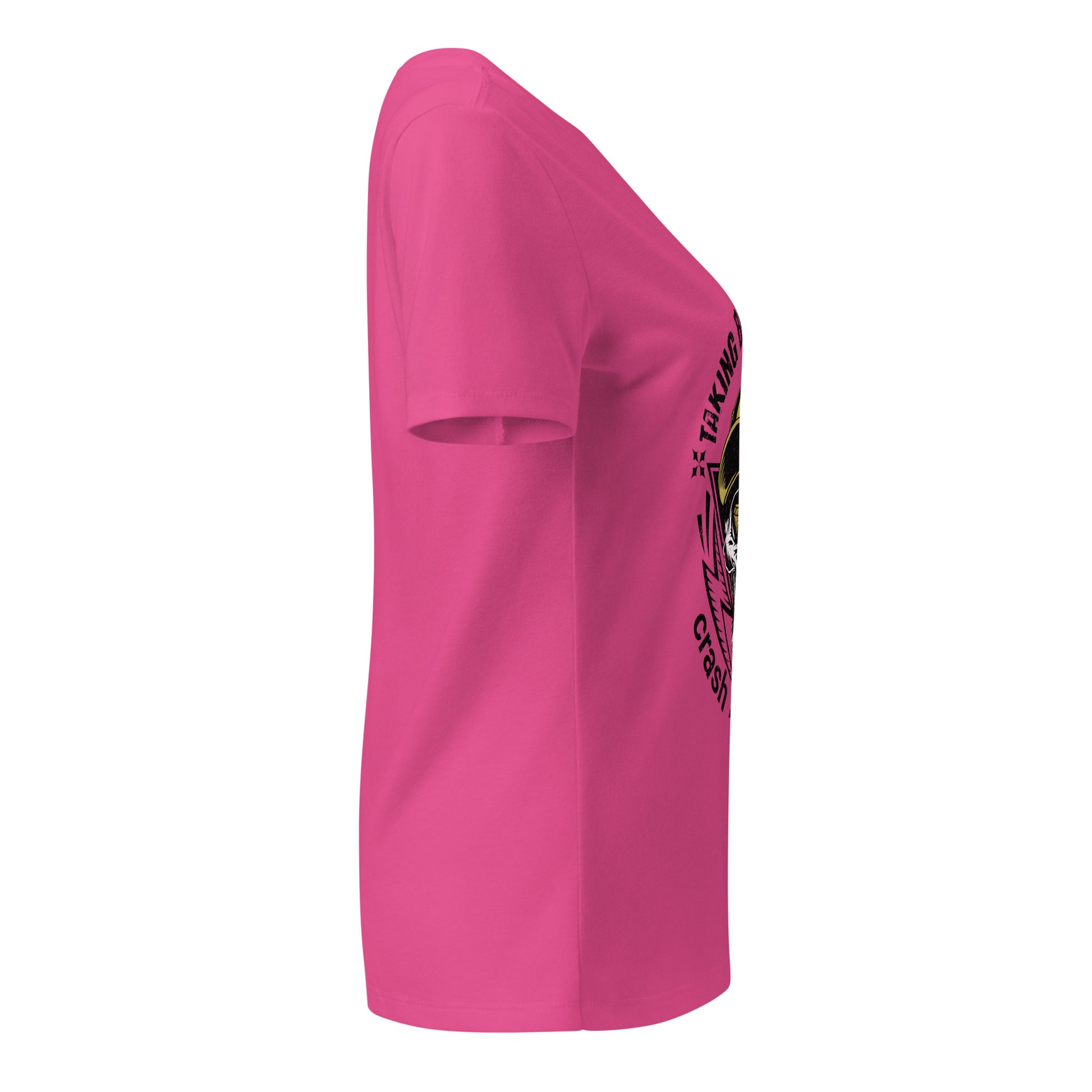 Pink t-shirt with a logo on the sleeve against a white background
