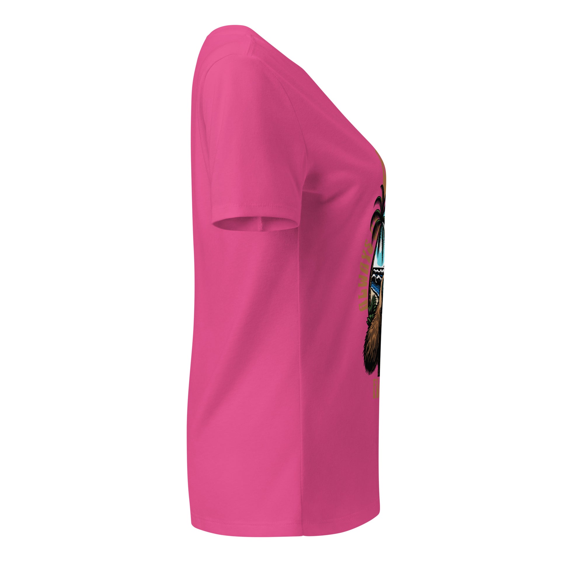 Pink t-shirt with a graphic design on the sleeve against a white background
