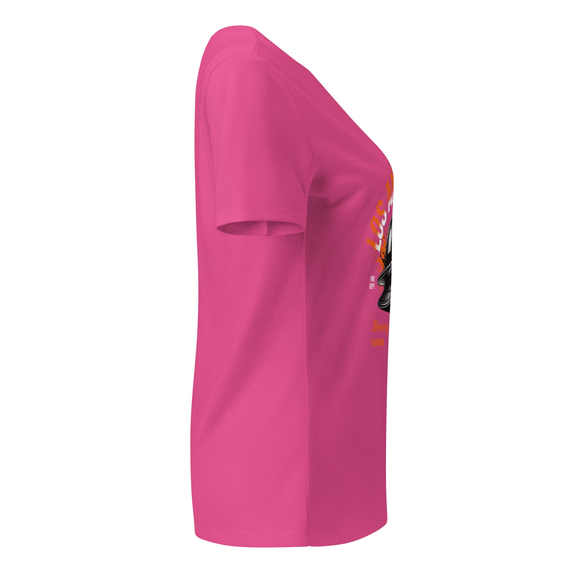 Pink t-shirt with a graphic design on the sleeve against a white background