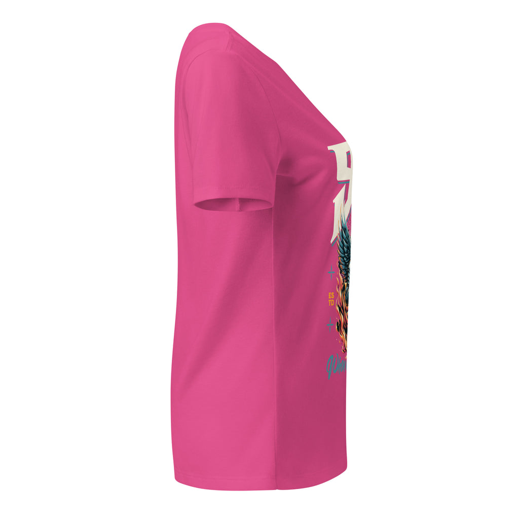 Pink t-shirt with a colorful graphic on the sleeve against a white background