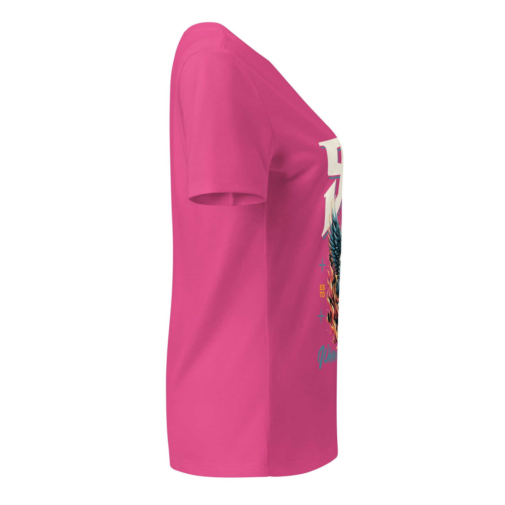 Pink t-shirt with a colorful graphic on the sleeve against a white background