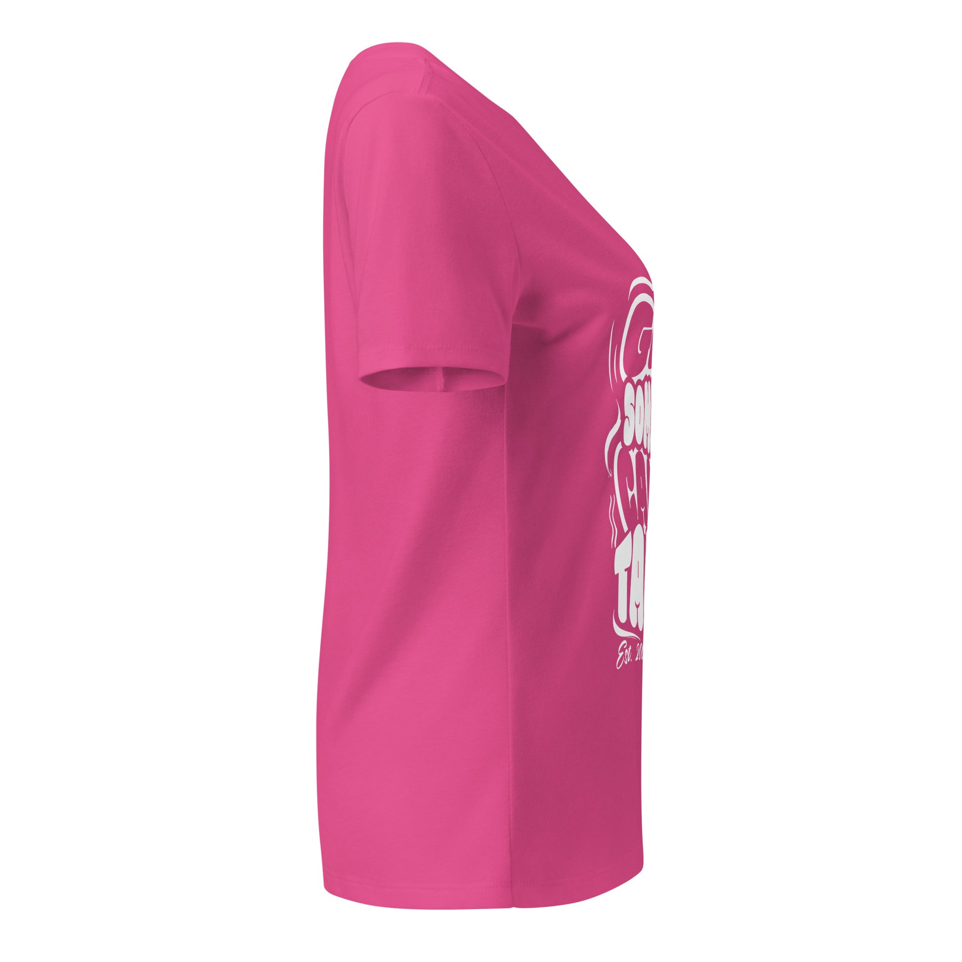 Pink t-shirt with a logo on the sleeve against a white background