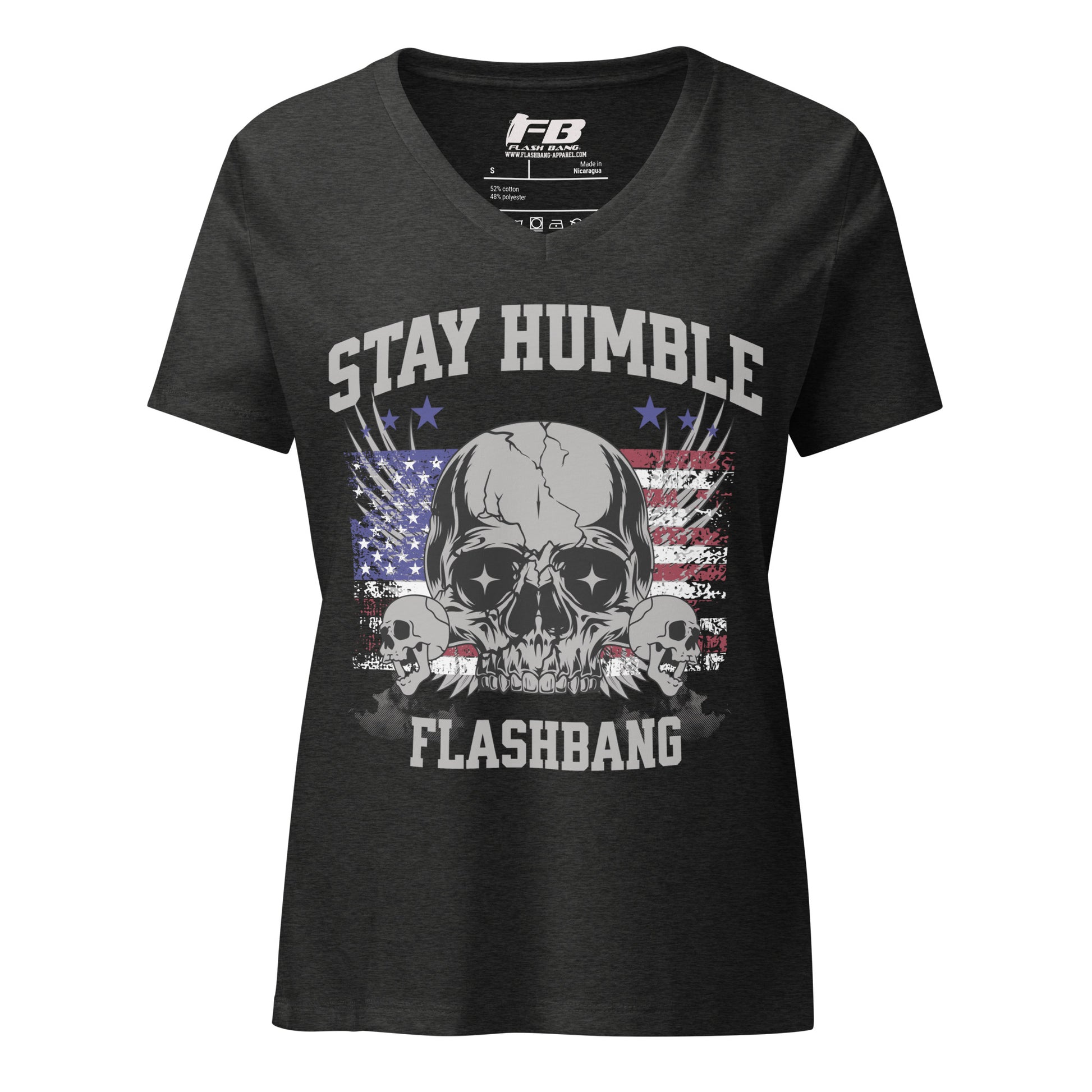 Black t-shirt with skull design and text 'Stay Humble Flashbang' on a white background