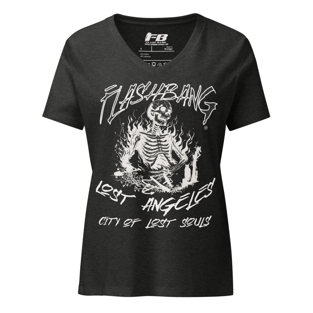 Black t-shirt with white graphic design and text on a white background