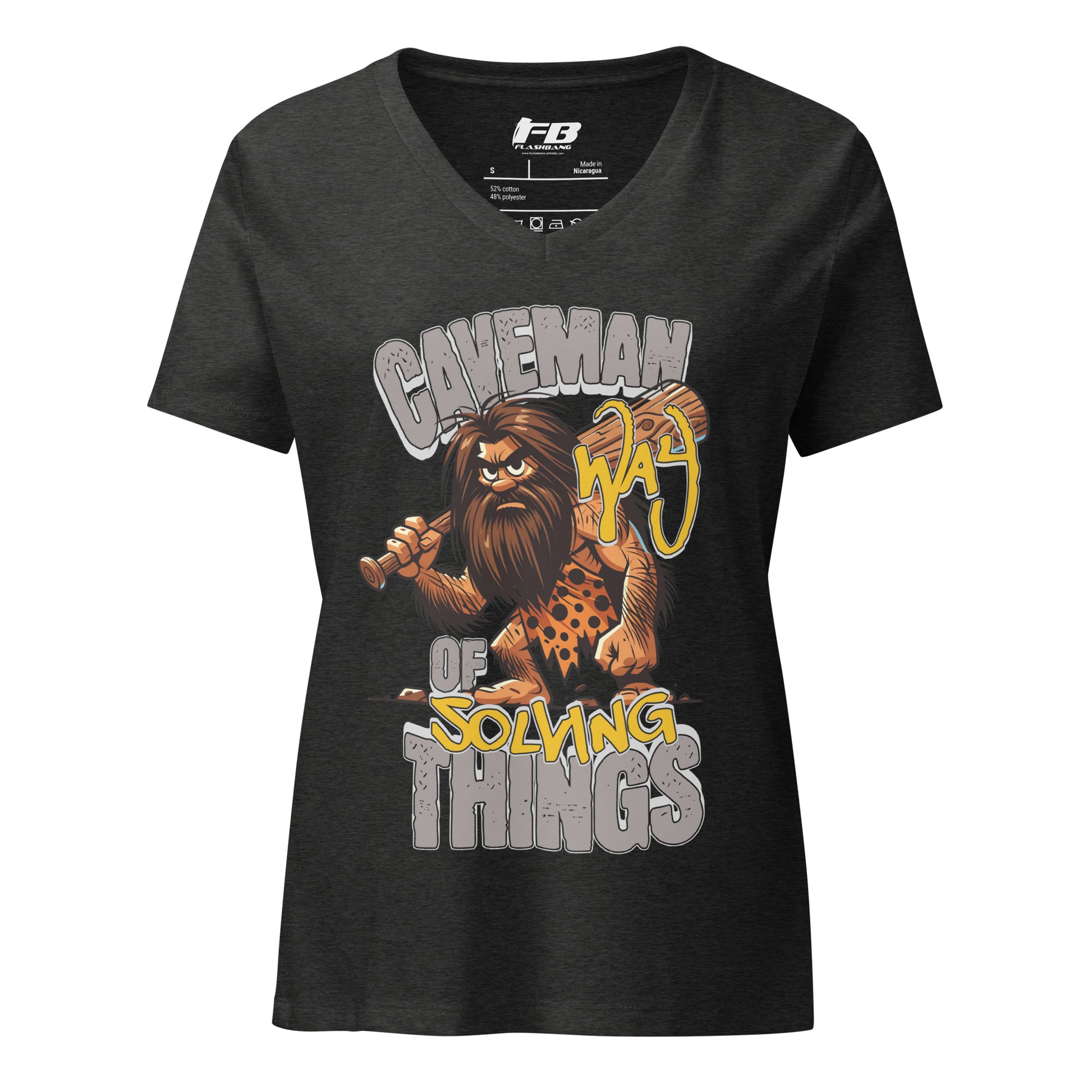 Black t-shirt with a caveman graphic and text on a white background