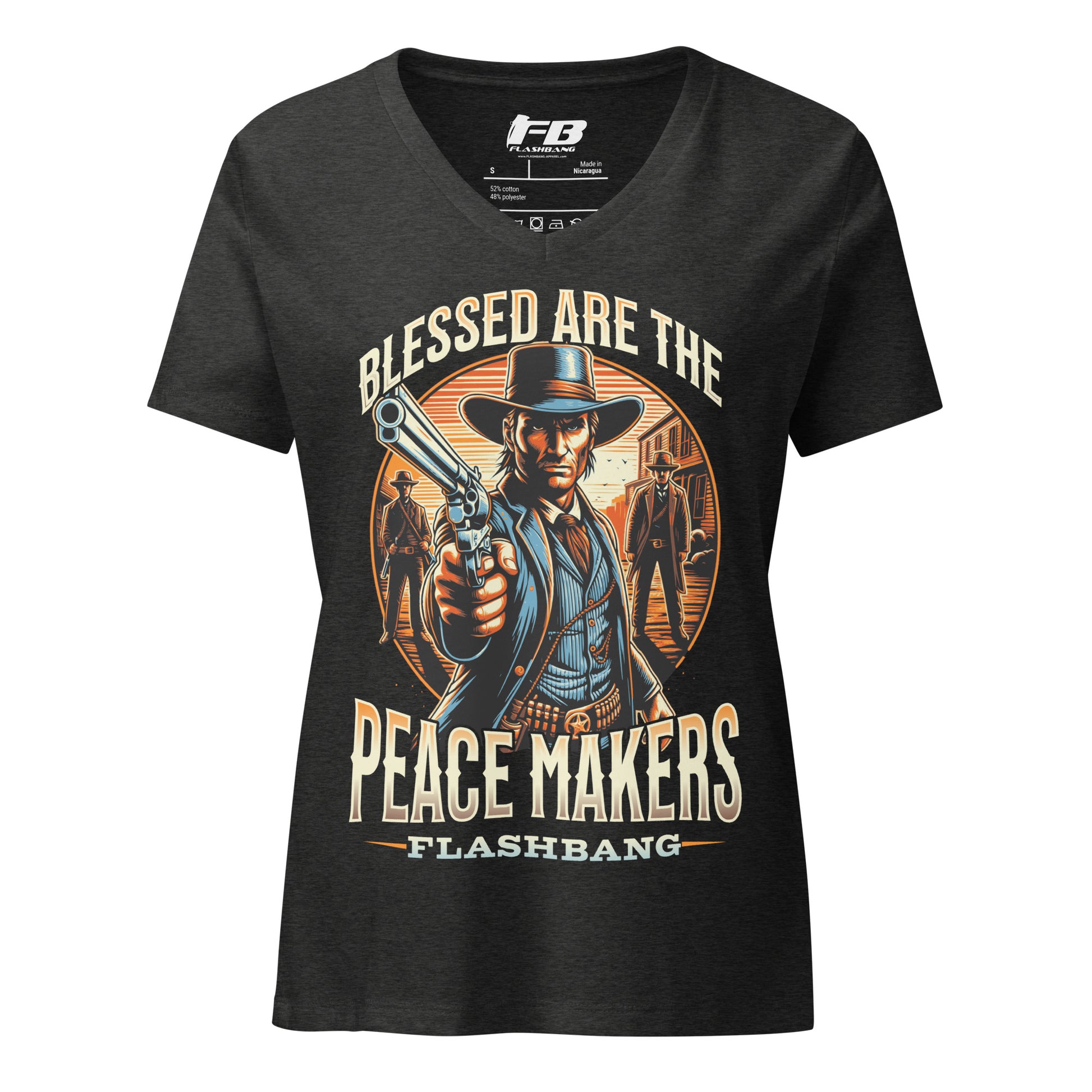 Black t-shirt with a graphic design of a cowboy holding a gun and text 'Blessed are the Peace Makers' on a white background.