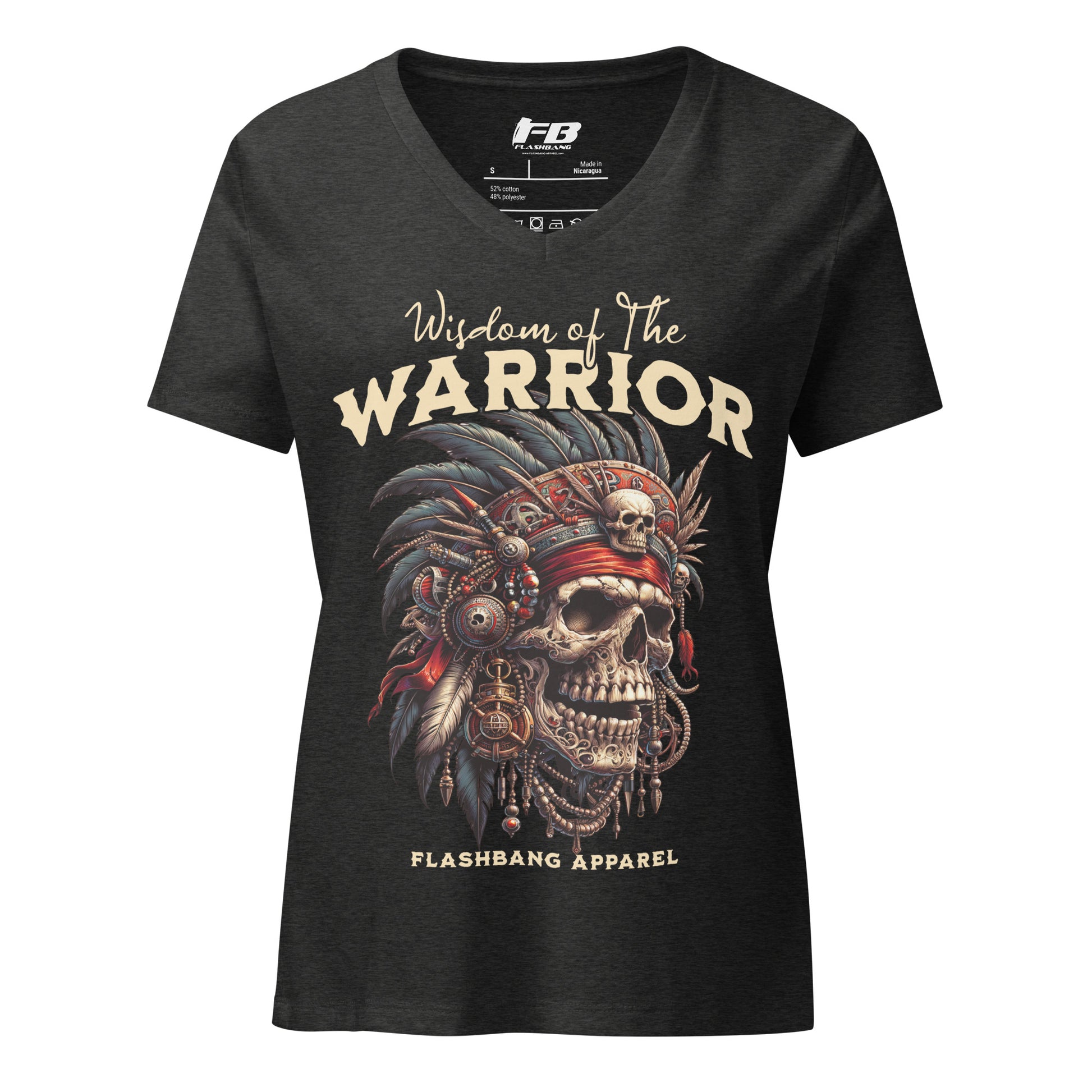 Black t-shirt with warrior design and 'Flashbang Apparel' branding on a white background