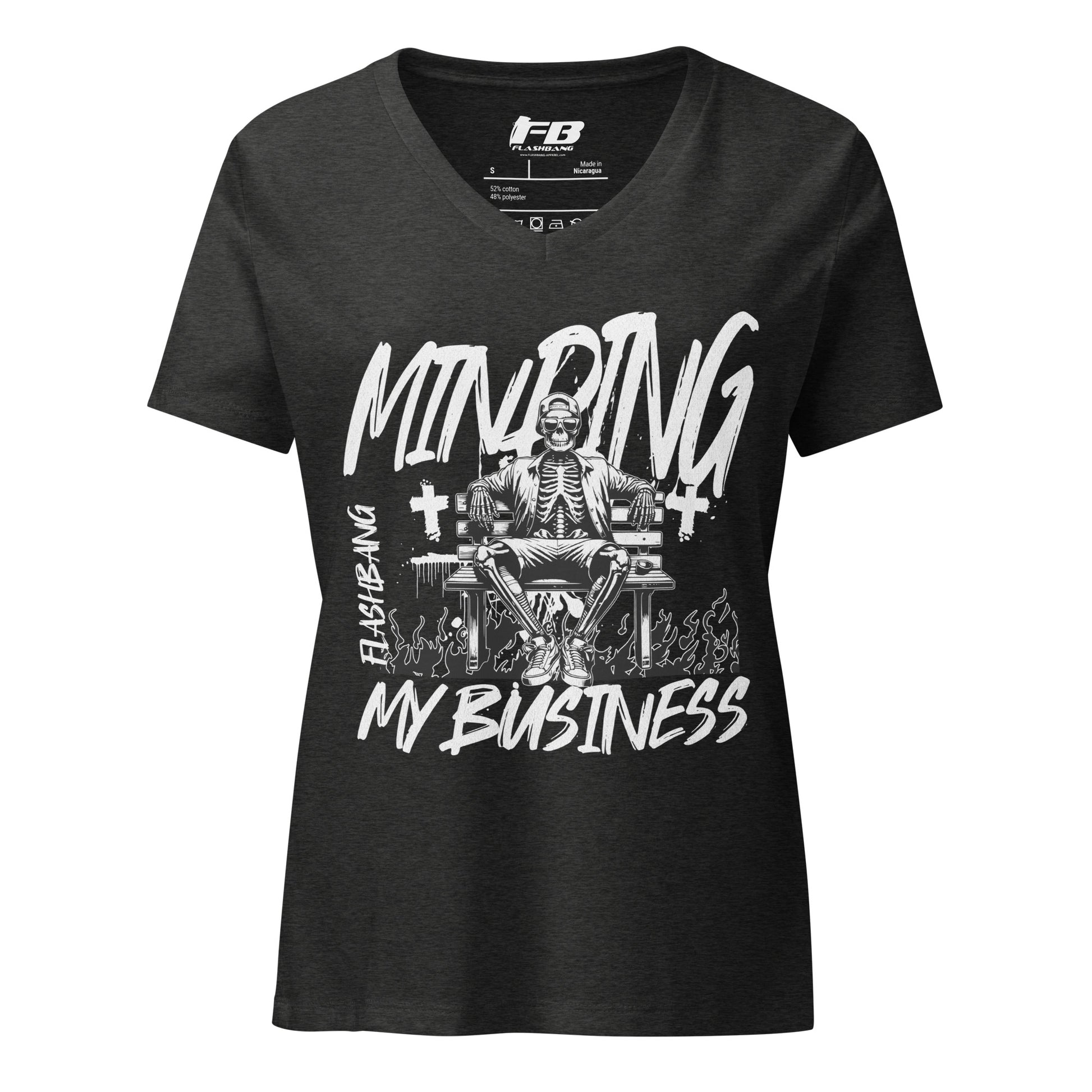 Black t-shirt with white graphic design and text on a white background
