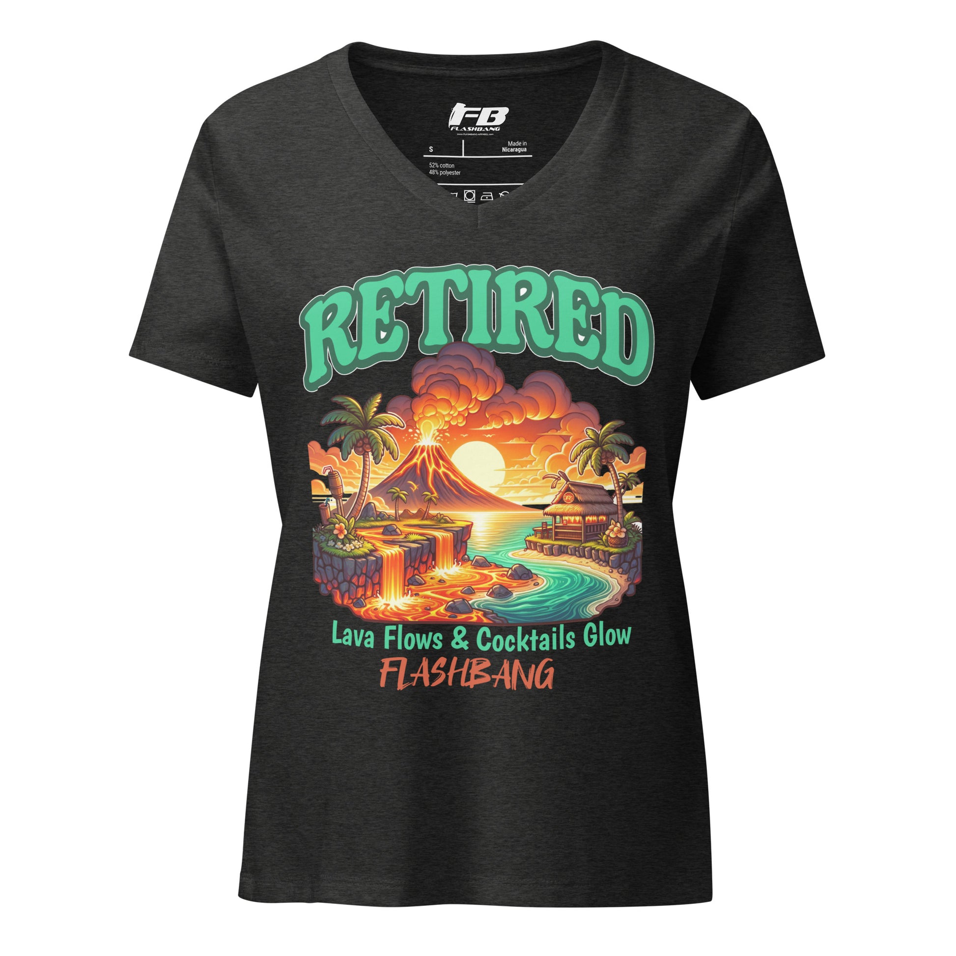 Black t-shirt with a colorful graphic design and text on a white background