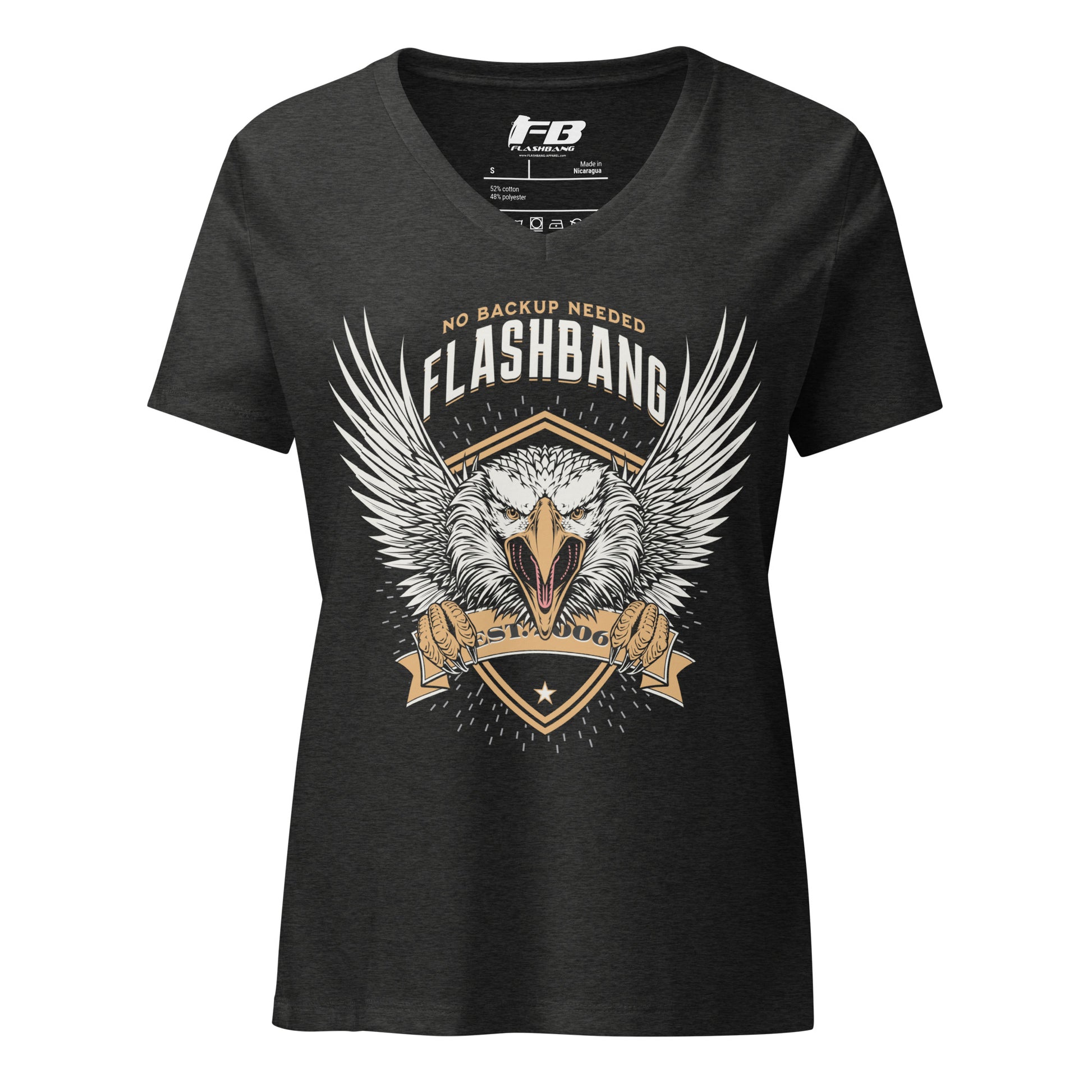 Black t-shirt with eagle design and 'Flashbang' text on a white background