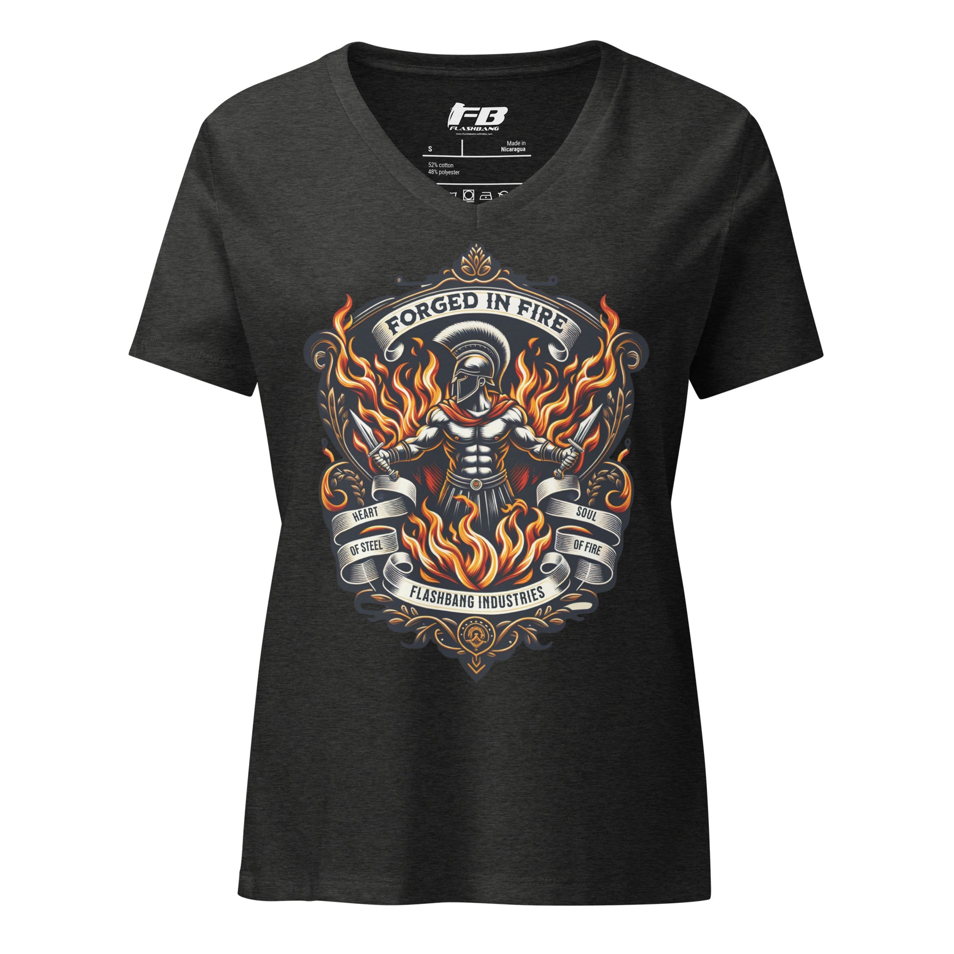 Black t-shirt with 'Forged in Fire' graphic design on a white background