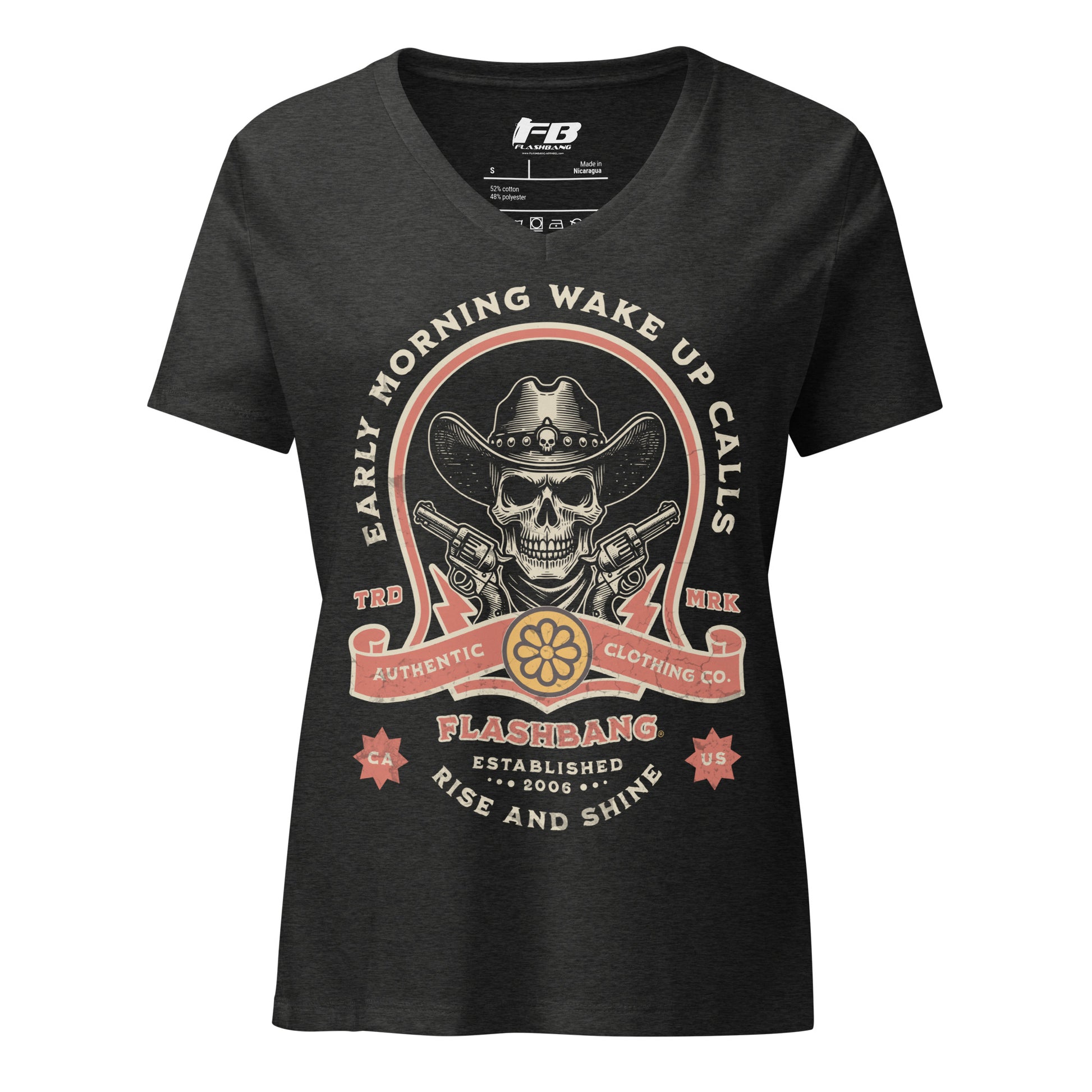 Black t-shirt with a graphic design featuring a skull wearing a cowboy hat and text on a white background.
