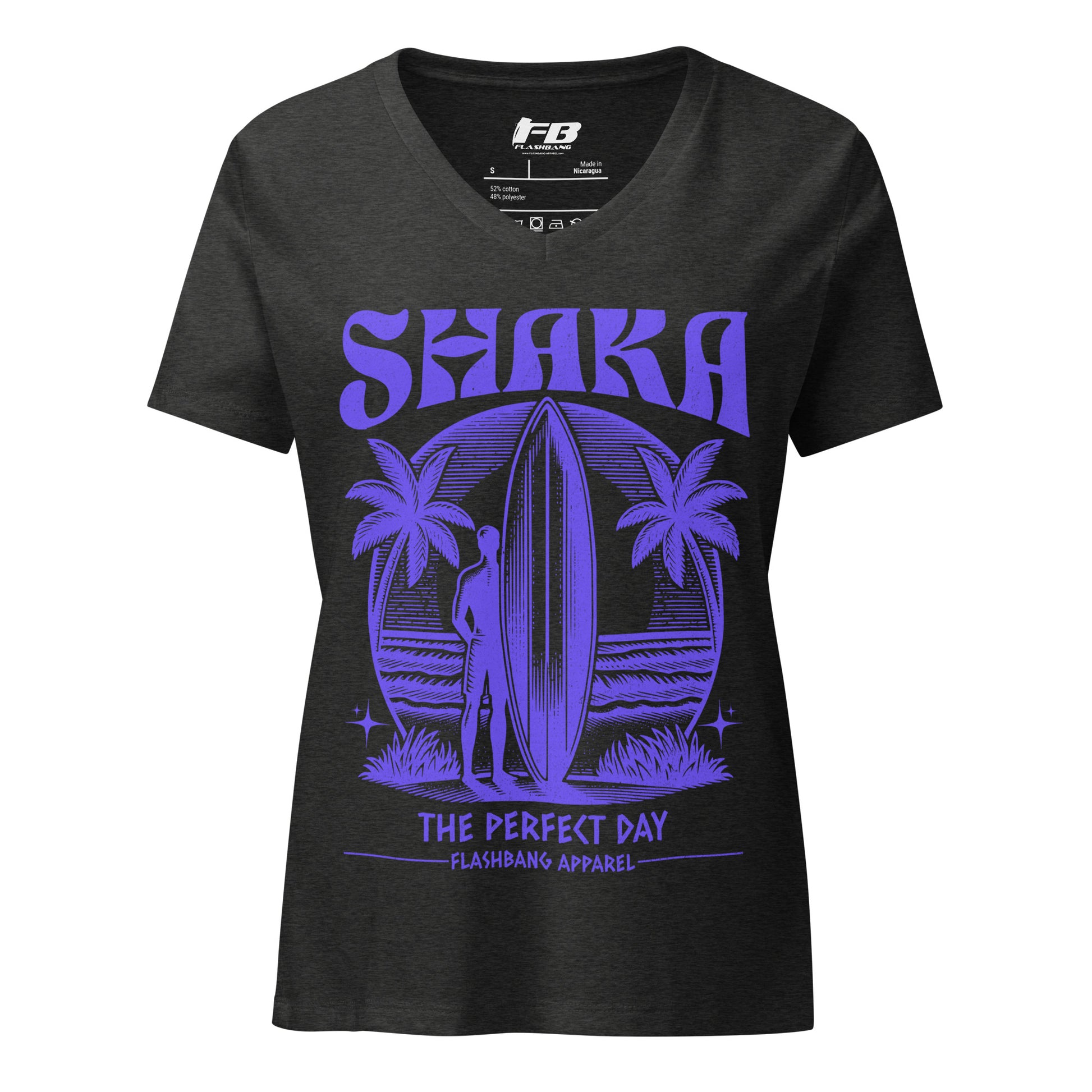 Black t-shirt with purple 'Shaka' graphic design on a white background
