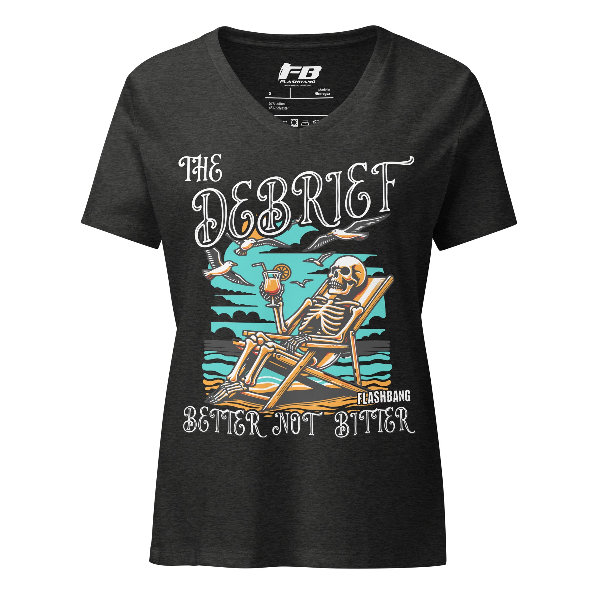 Black t-shirt with a skeleton design and text on a white background