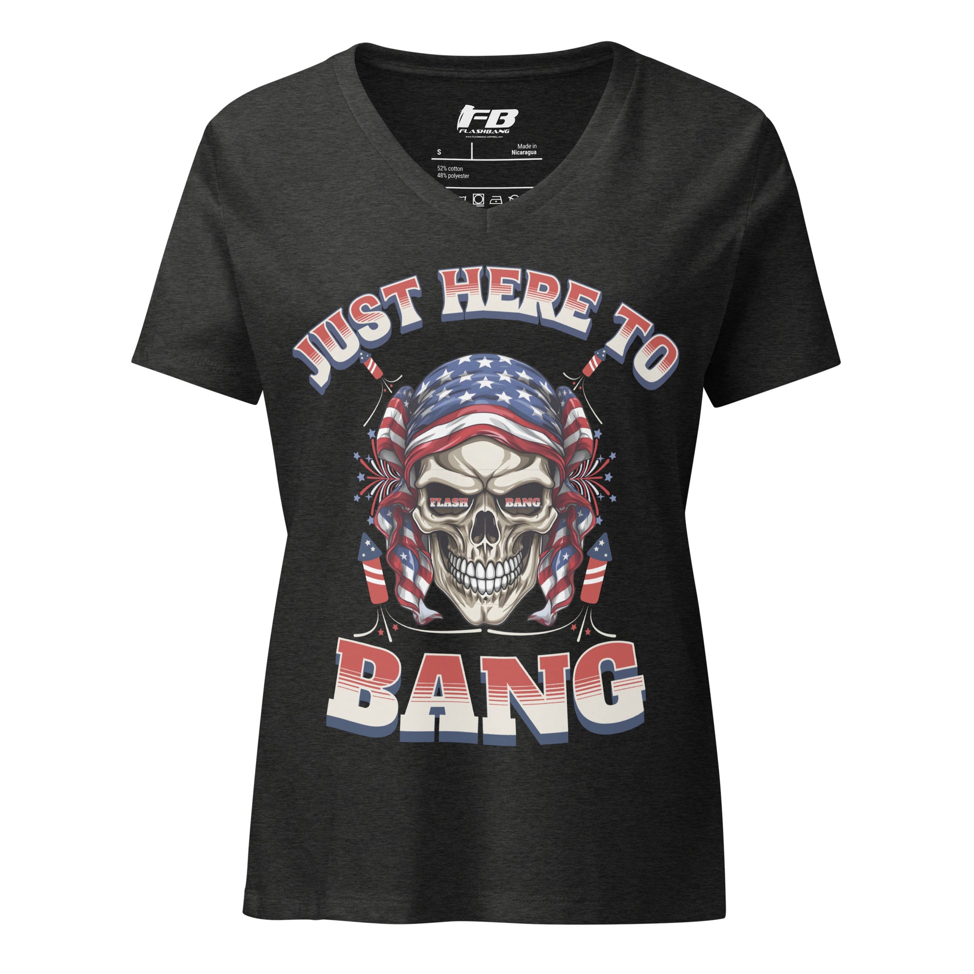 Black t-shirt with a skull graphic and 'Just Here to Bang' text on a white background