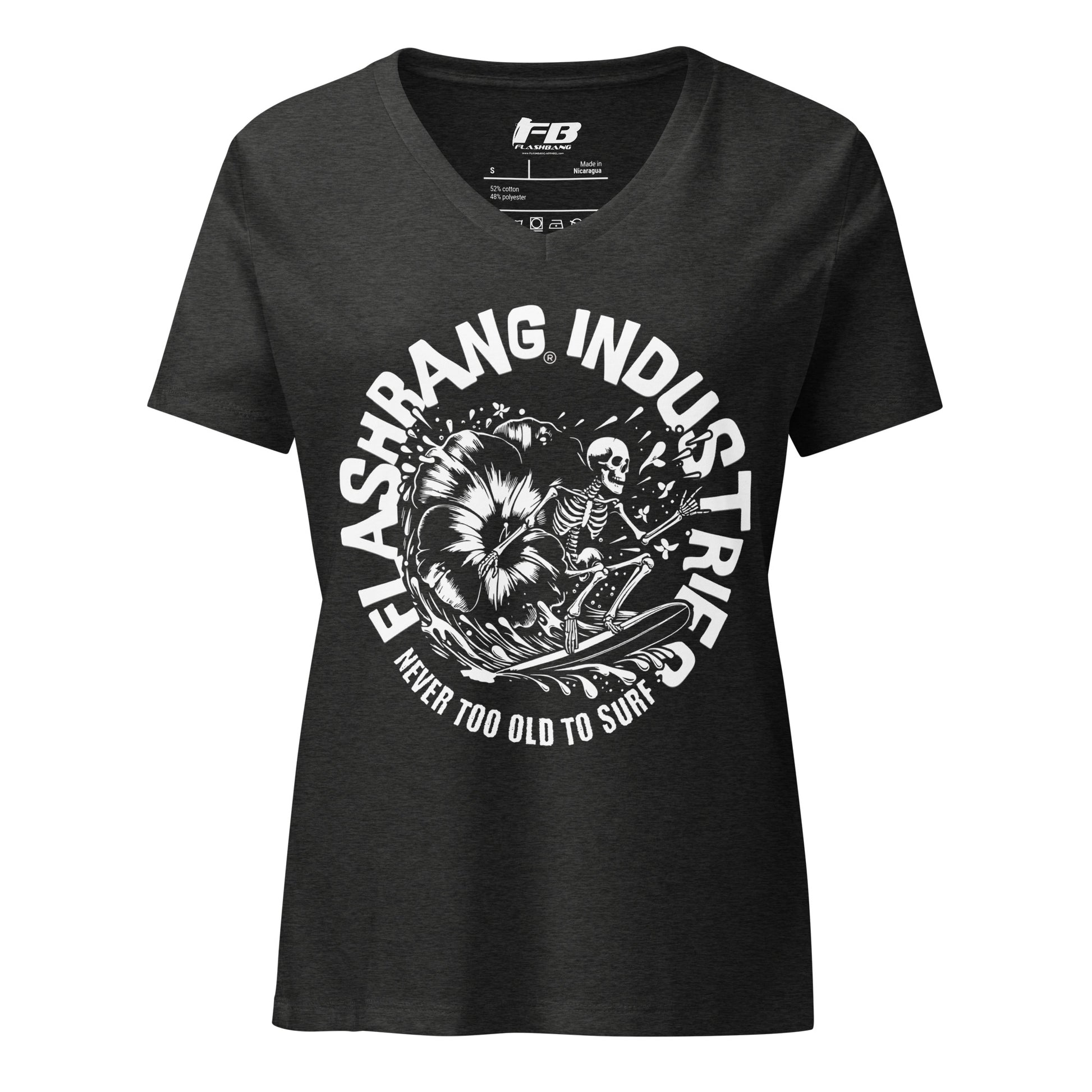Black t-shirt with white graphic design and text on a white background