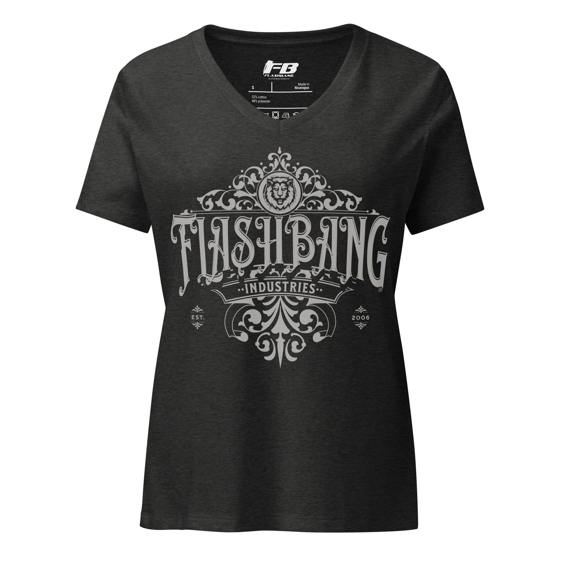 Black t-shirt with 'Flashbang Industries' logo on a white background