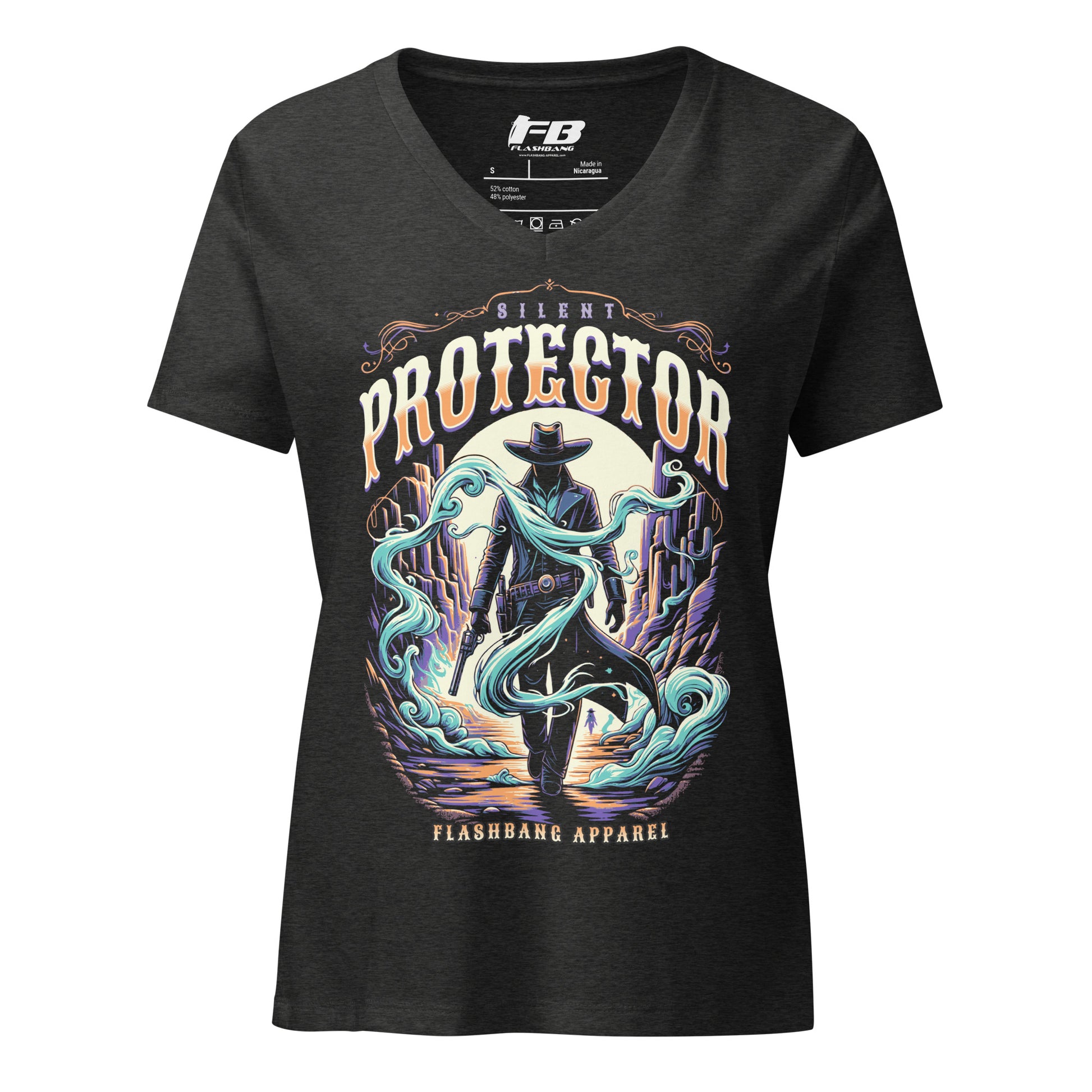 Black t-shirt with 'Silent Protector' graphic design on a white background