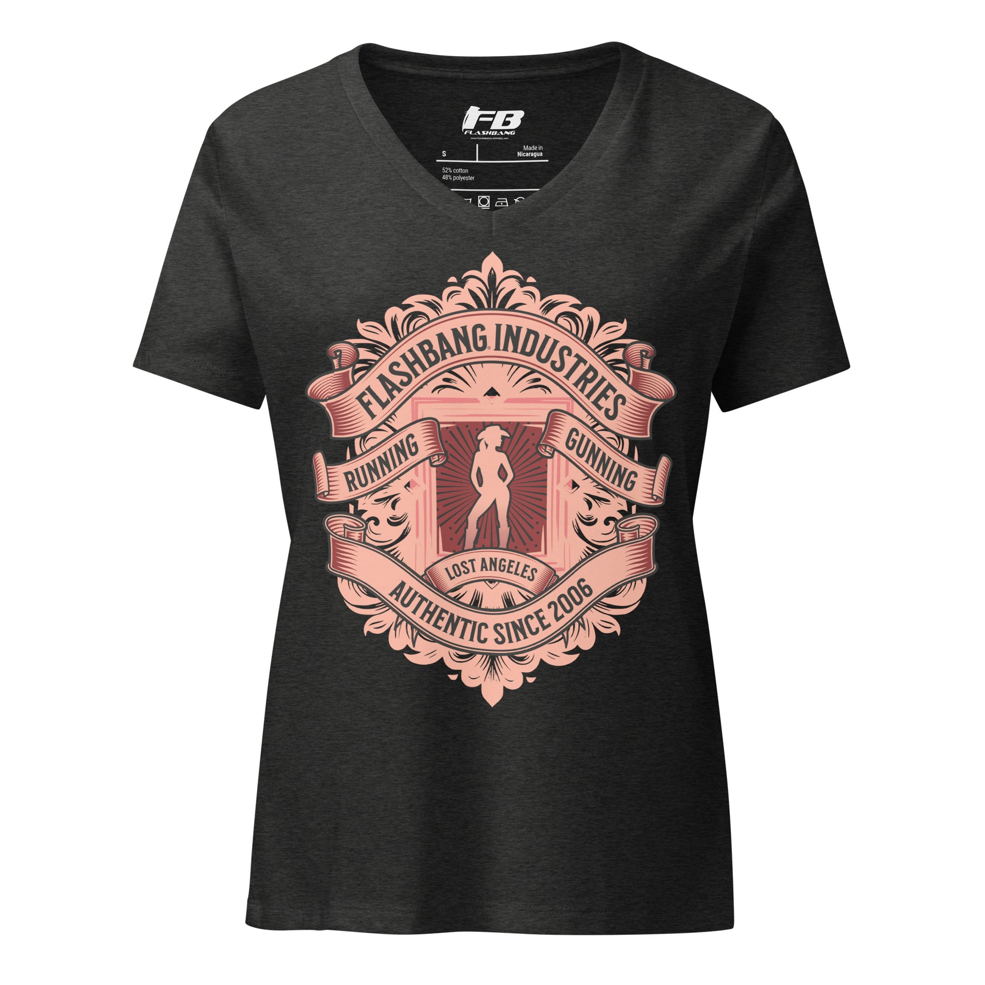 Black t-shirt with pink graphic design and 'Flashbang Industries' text on a white background