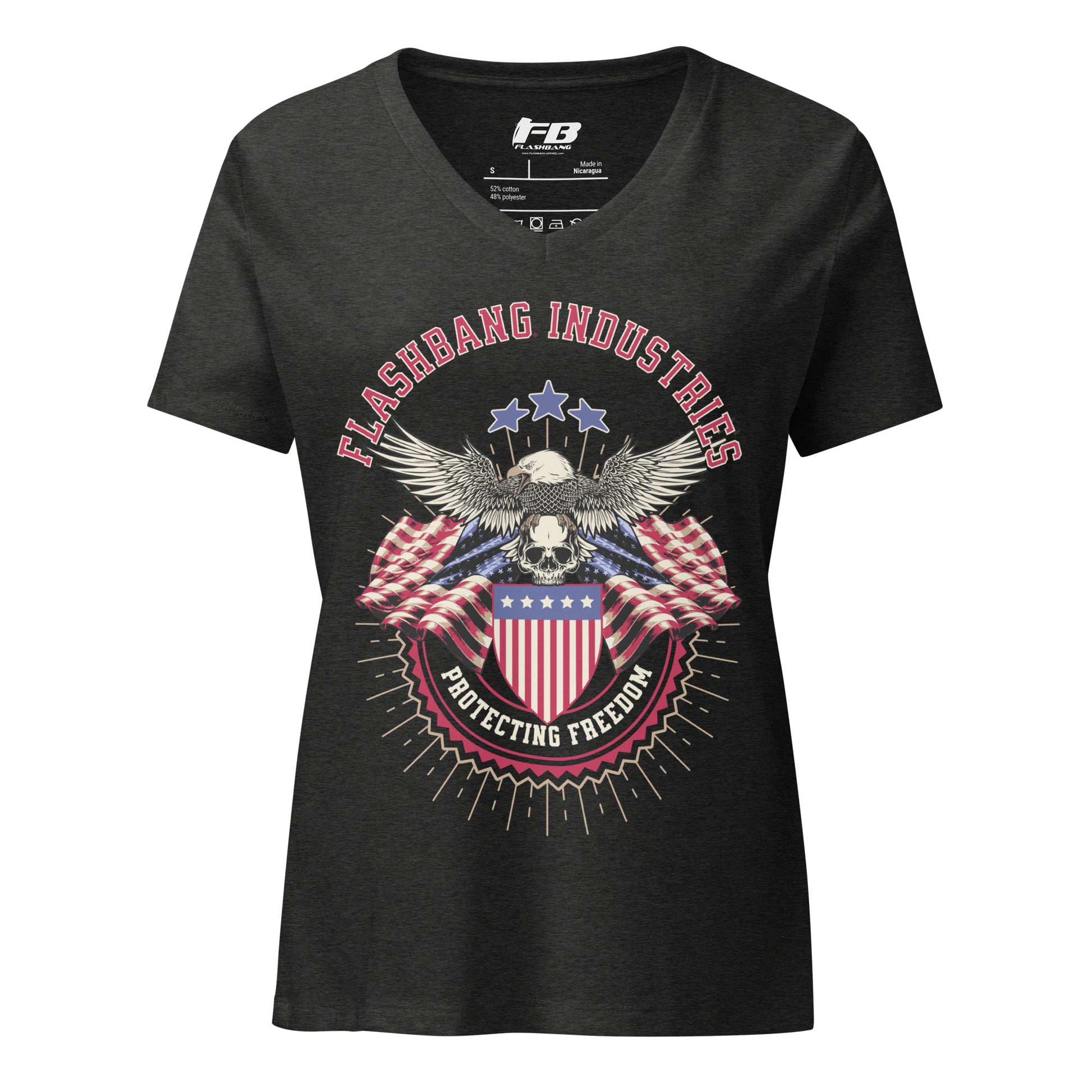 Black t-shirt with 'Flashbang Industries' graphic design featuring an eagle and American flag on a white background.
