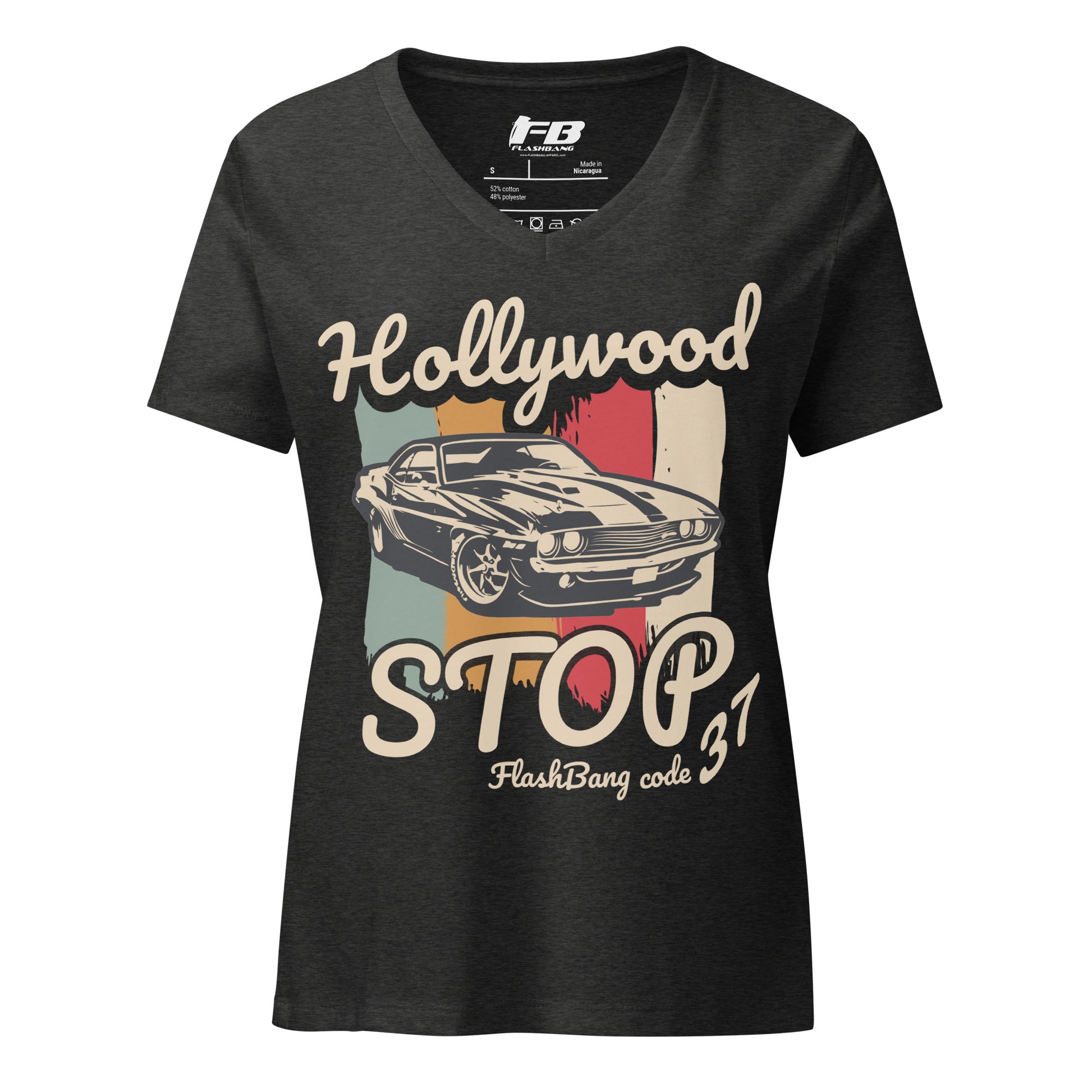 Black t-shirt with vintage car graphic and text on a white background