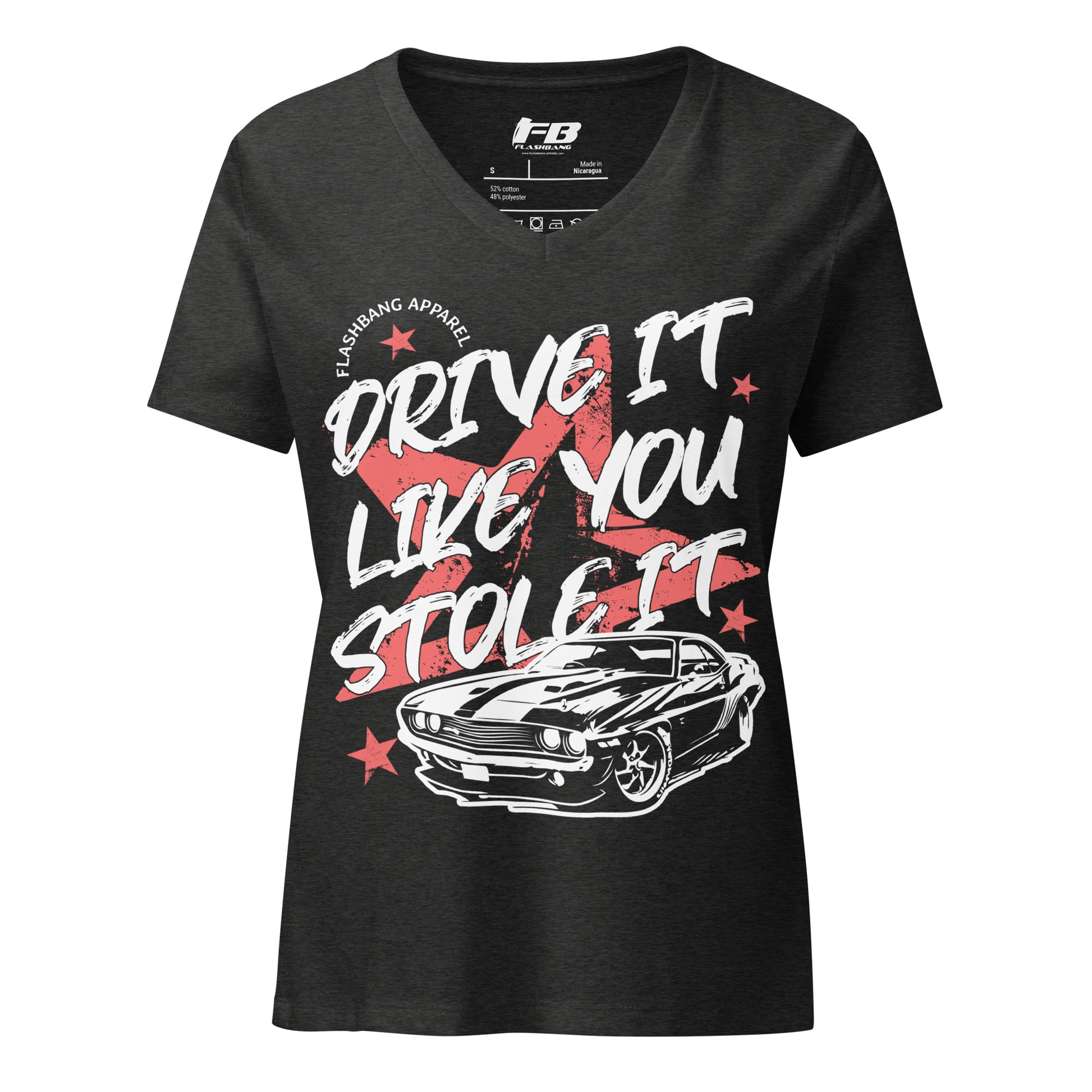 Black t-shirt with graphic design and text on a white background