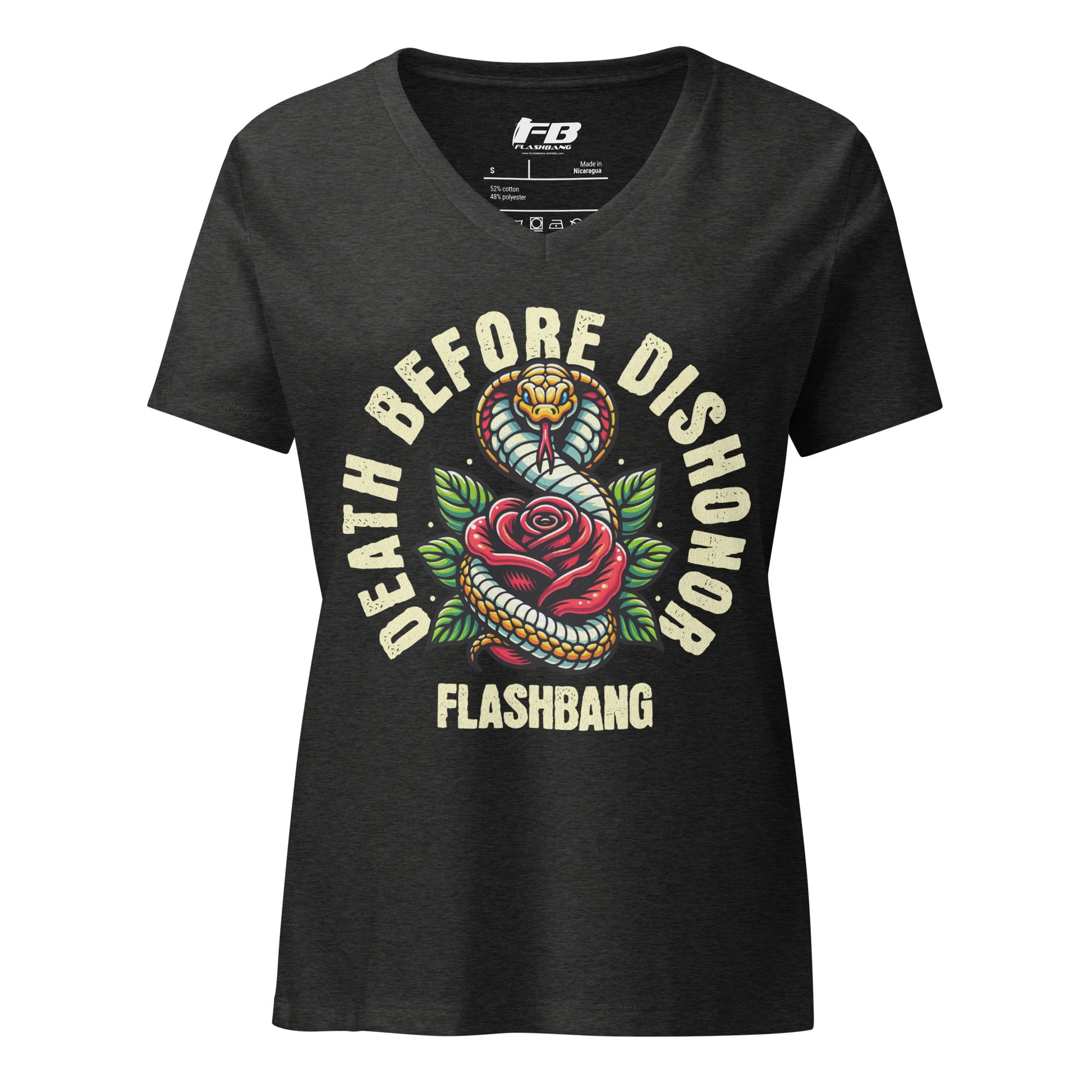 Black t-shirt with 'Death Before Dishonor Flashbang' graphic design on a white background