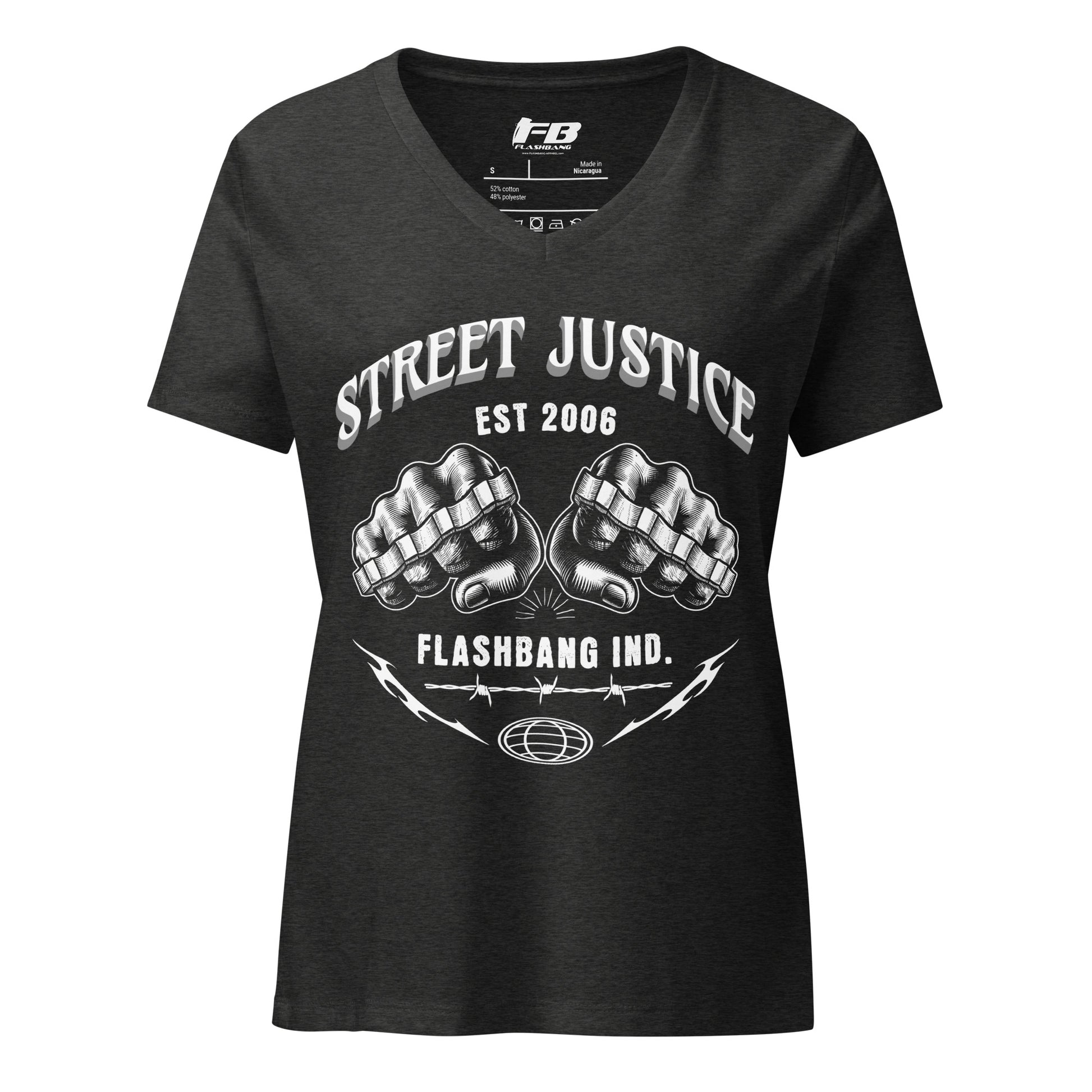 Black t-shirt with 'Street Justice' design on a white background