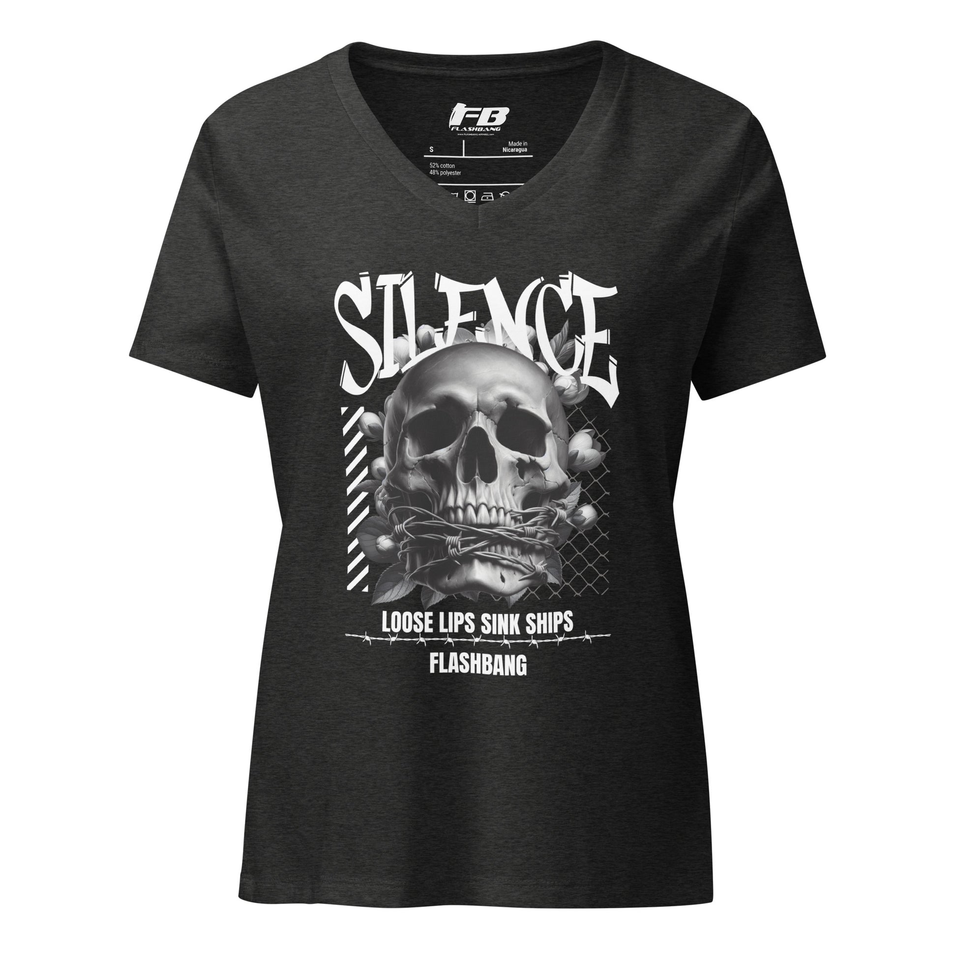 Black t-shirt with skull graphic and text on a white background