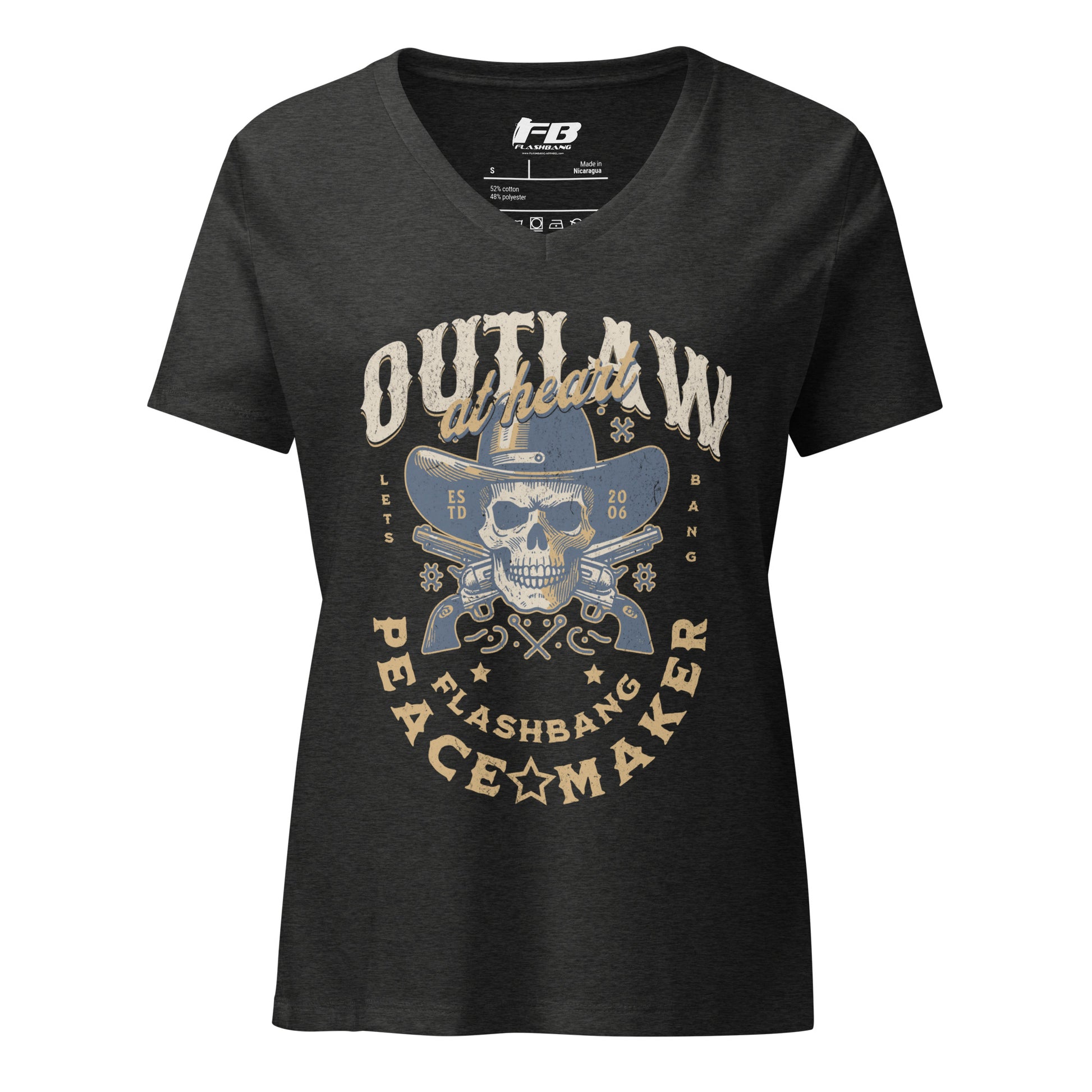 Black t-shirt with graphic design and text on a white background