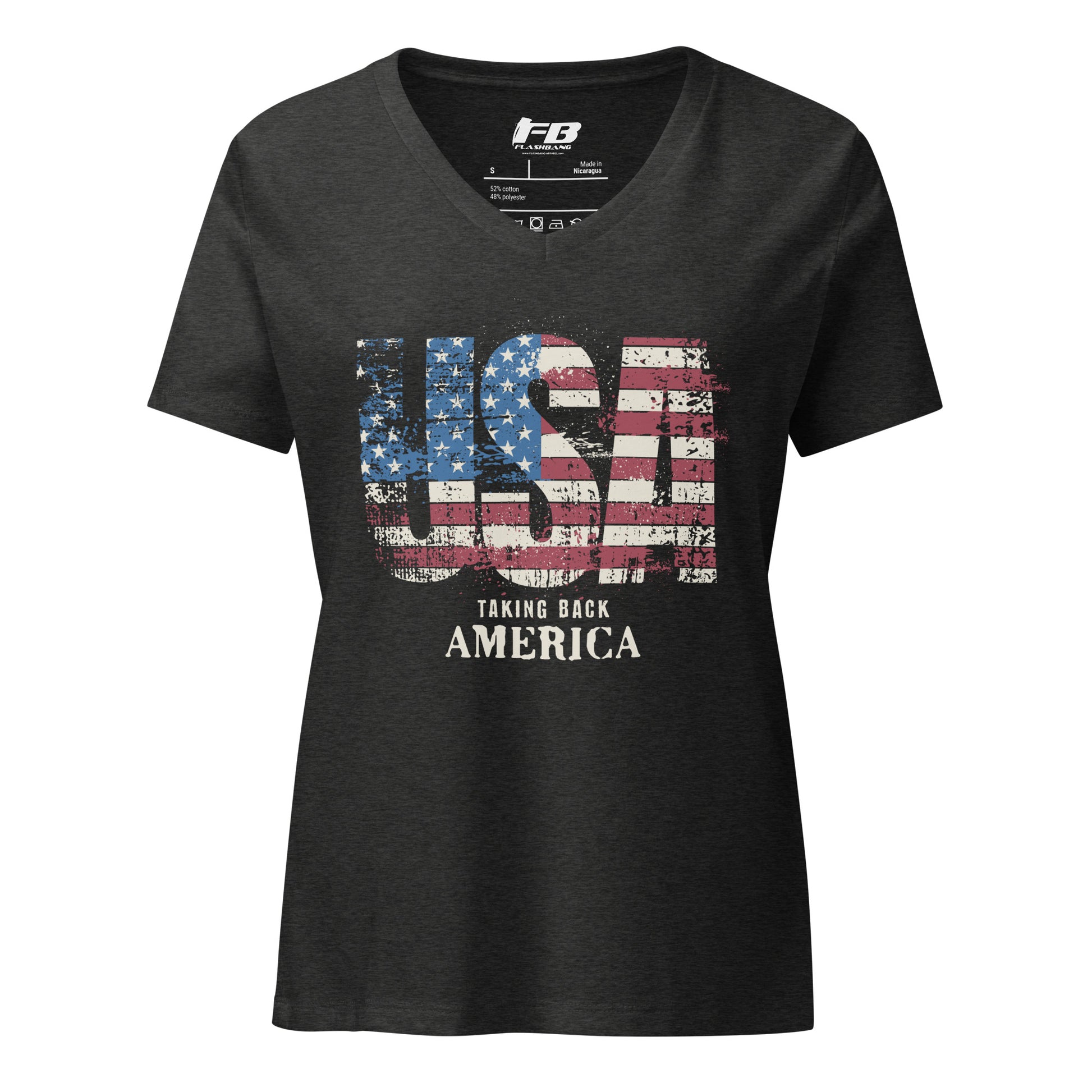 Black t-shirt with USA graphic and text 'Taking Back America' on a white background