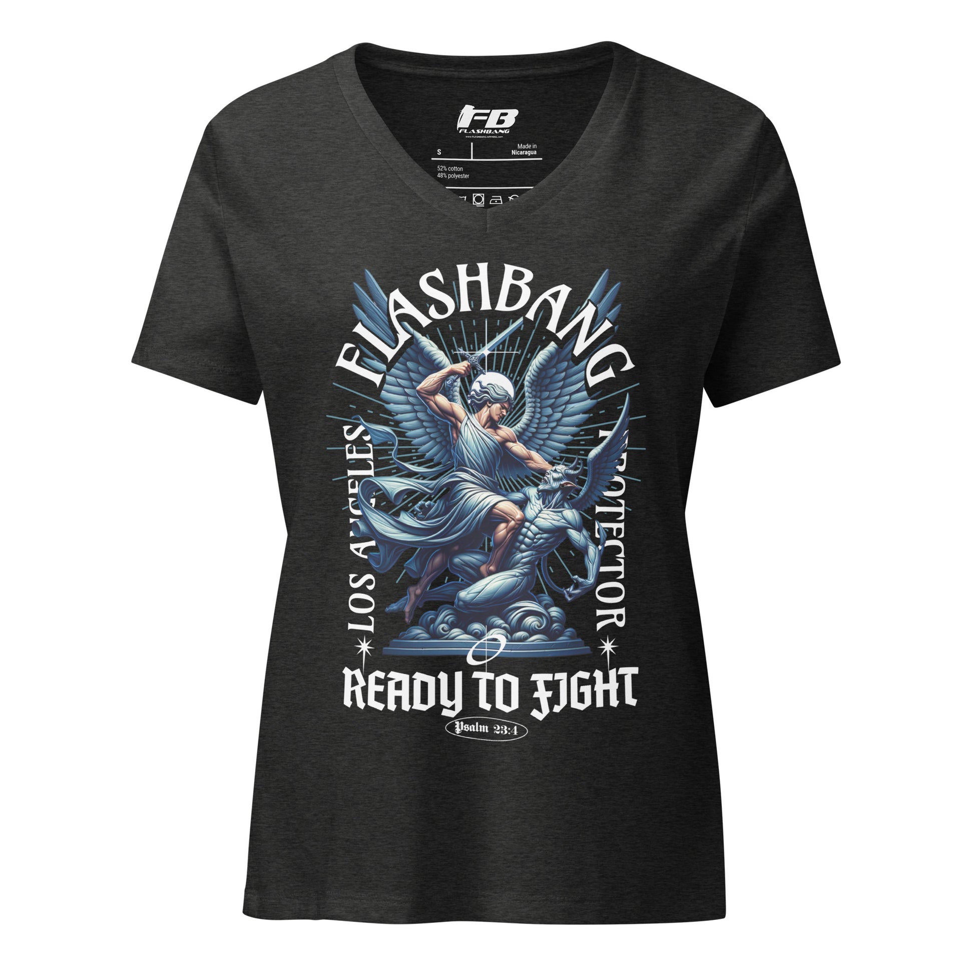 Black t-shirt with graphic design and text on a white background