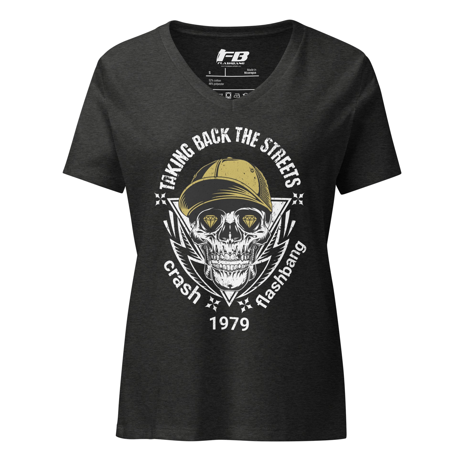 Black t-shirt with skull and cap graphic design on a white background